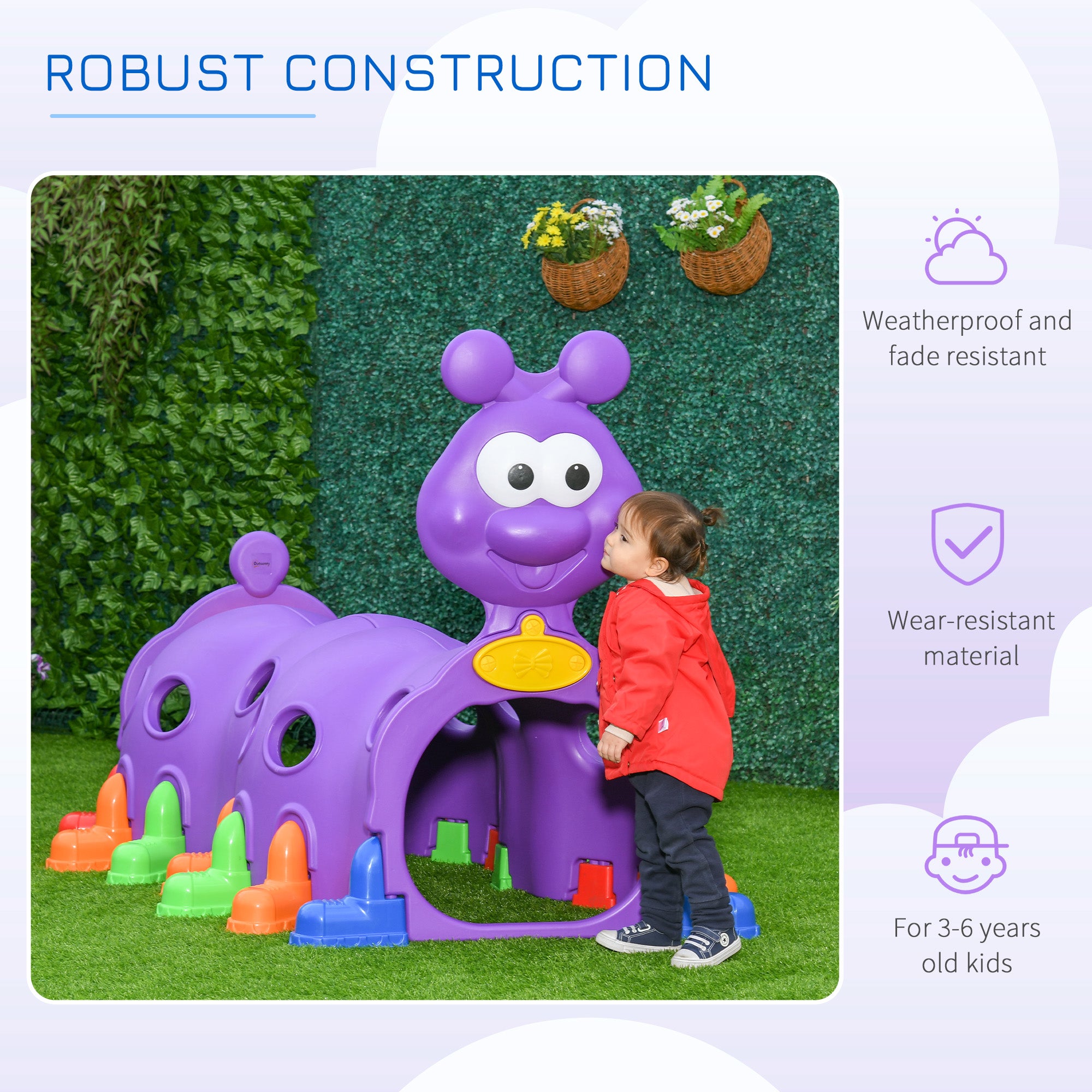 Caterpillar Play Tunnel, Toddler Tunnel for Kids Crawl and Climb Through, Kids' Play Structure Indoor Outdoor, 2 Sections, Purple