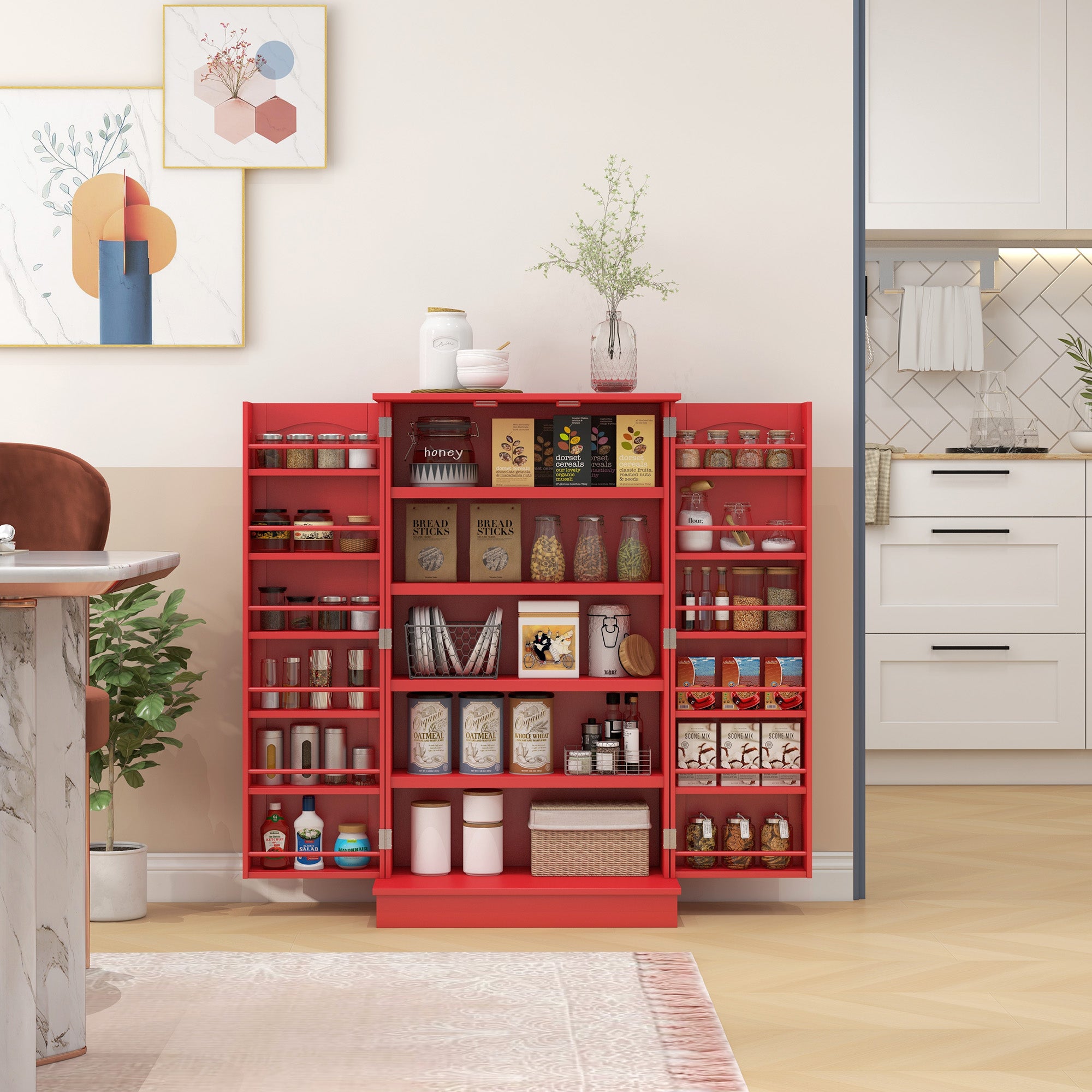 Kitchen Sideboard Cabinet, Large Kitchen Storage Cabinet w/ Double Doors & 5-tier Shelving for Home, Dining Room, Red