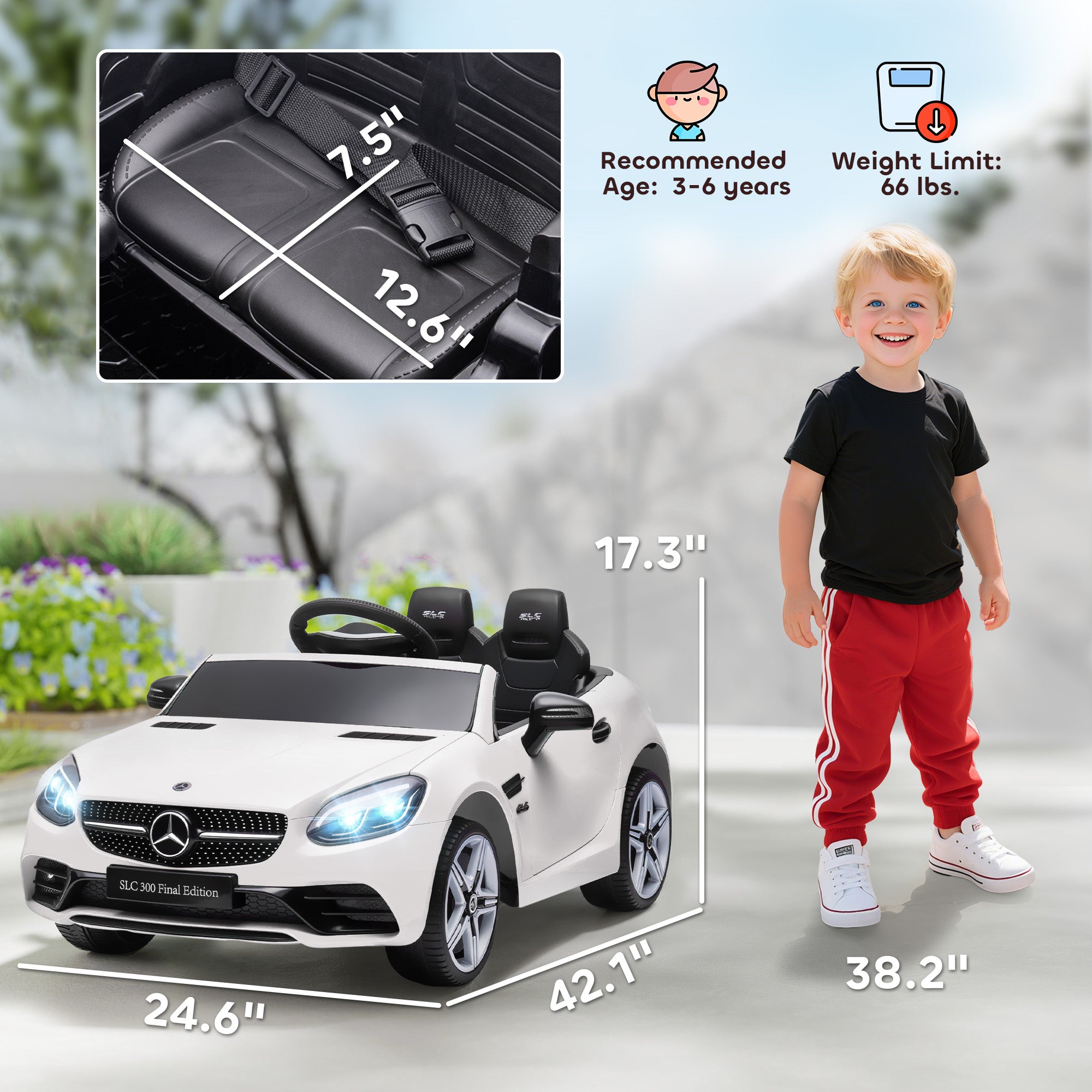 SLC 300 Licensed 12V Ride On Car for Kids with Remote Control, 2 Speeds, Battery Powered Kids Electric Car with Music, Lights, Suspension for 3-6 Years Old, White