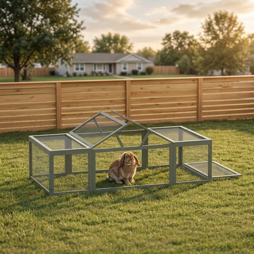 Large Wooden Rabbit Hutch Small Animal Habitat Enclosure Outdoor Run and Lockable Doors - Gray