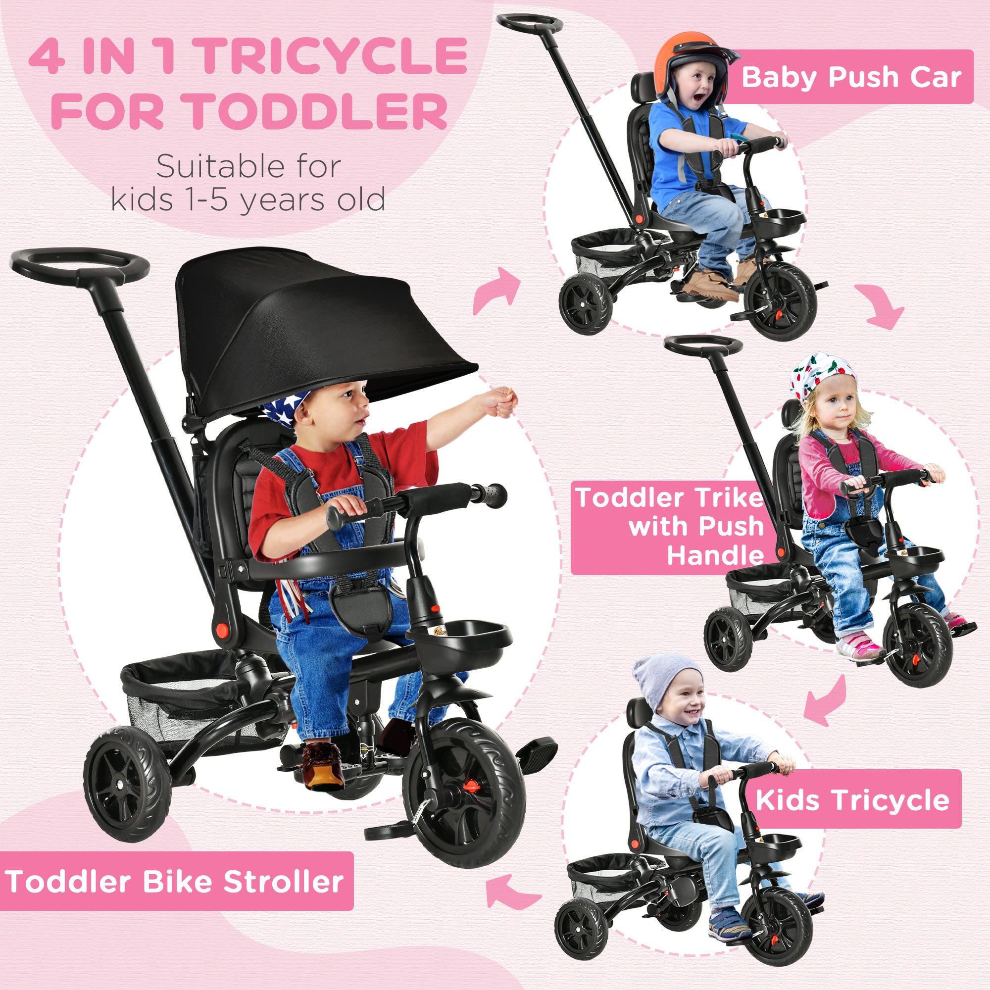 Kids Tricycle, 5 in 1 Foldable Trike with Reversible Seat, Adjustable Parent Handle, Safety Harness, Wheel Brakes, Removable Canopy, Storage, Tricycle for Toddlers 1-5 Years, Black
