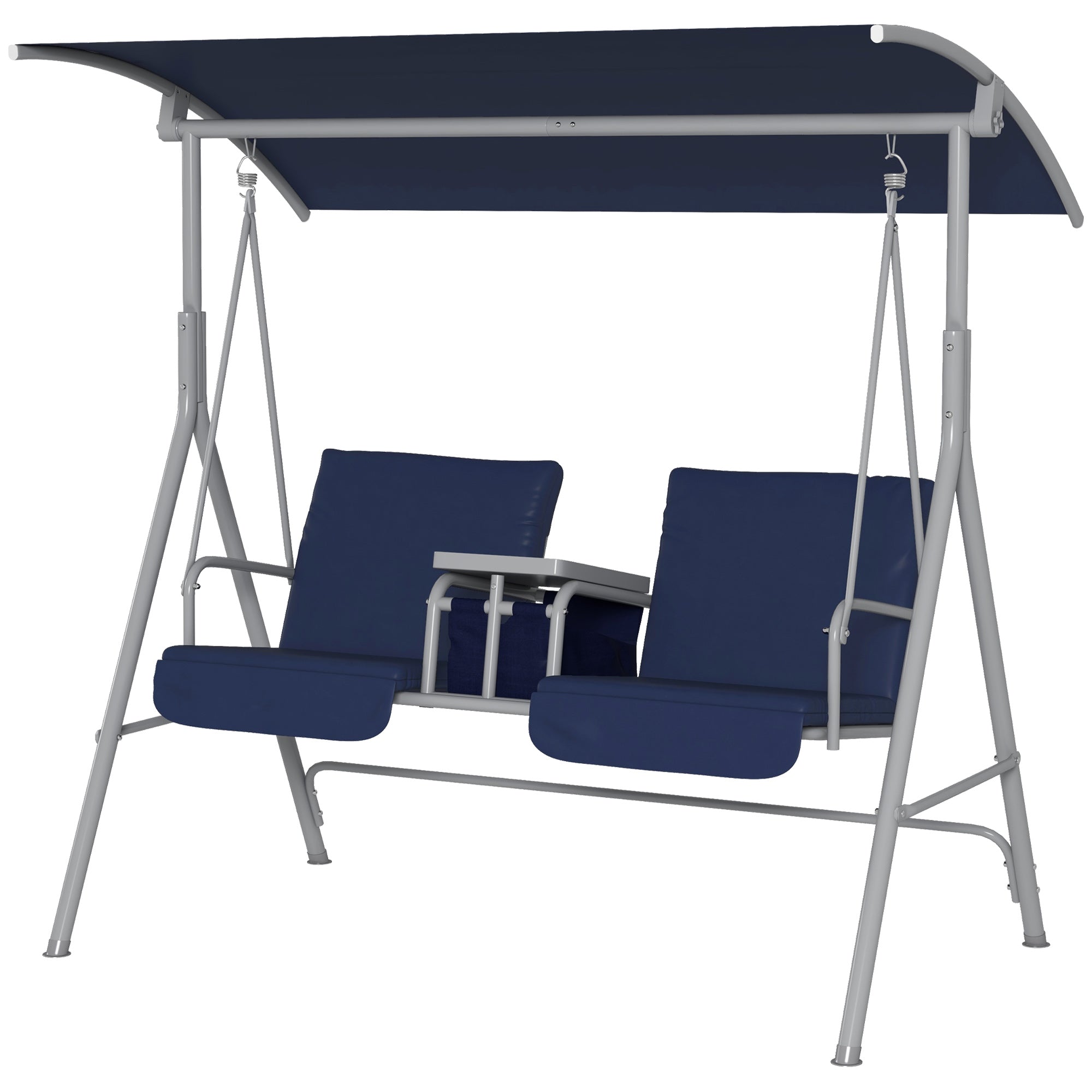 2-Seater Outdoor Porch Swing with Canopy and Table, Patio Swing Chair for Garden, Poolside, Backyard, Dark Blue