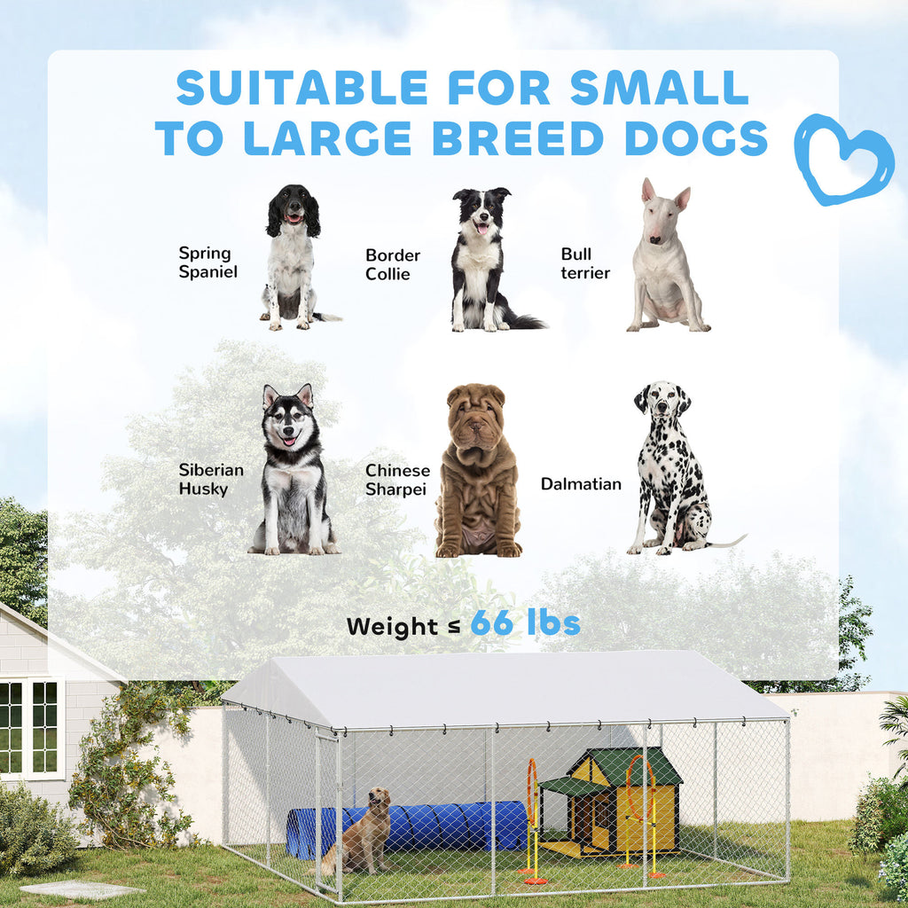 15' x 15' x 7' Dog Kennel Outdoor for Small Medium Large Dogs with Waterproof Roof, Silver