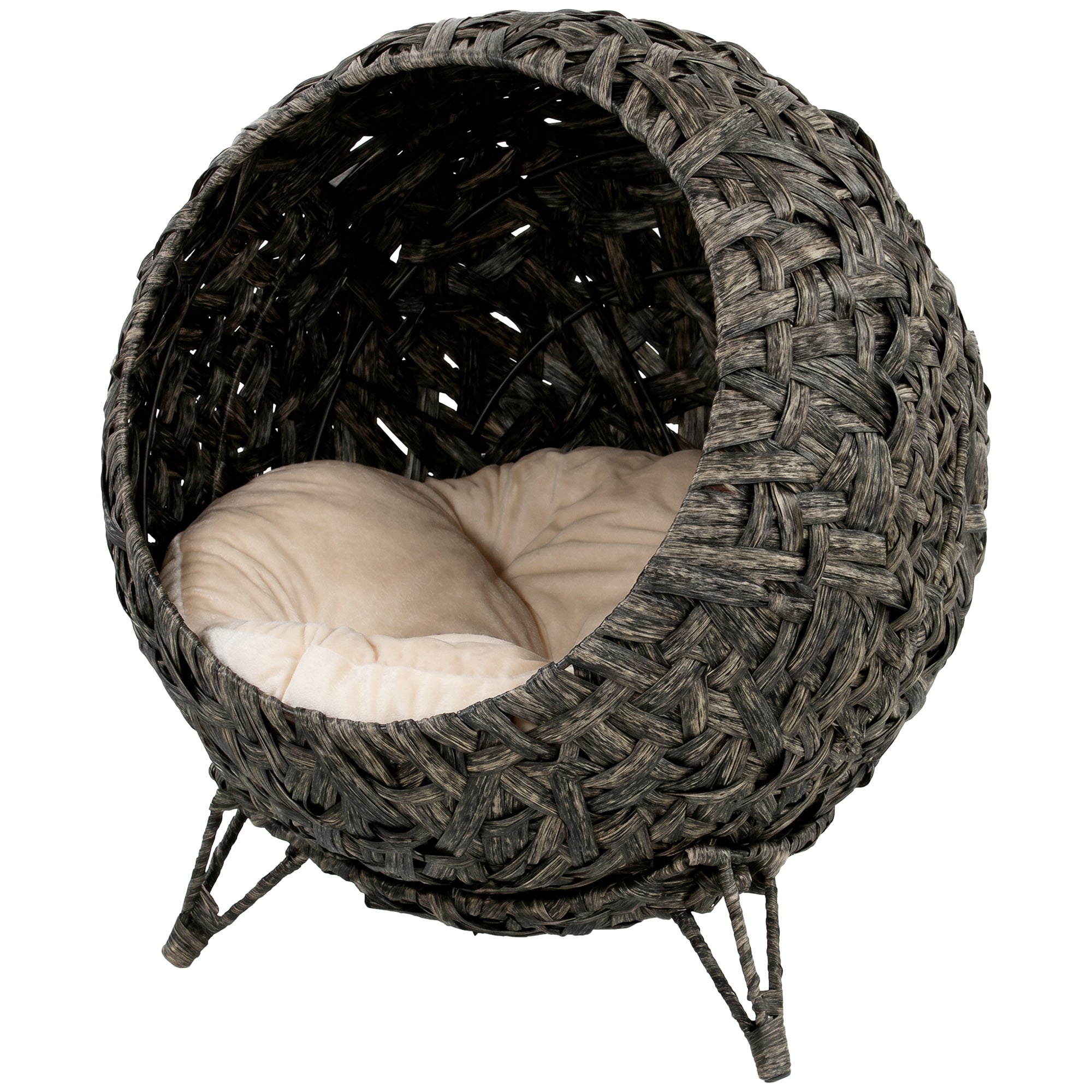 Rattan Cat Bed, Elevated Handwoven Cat Basket Bed with Soft Cushion and Metal Base