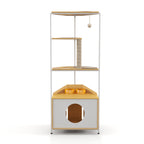 Corner Multi-Level Cat Tower and Condo with Scratching Post, Feeding Station, 25" L x 16" W x 58.5" H, White+Light Oak