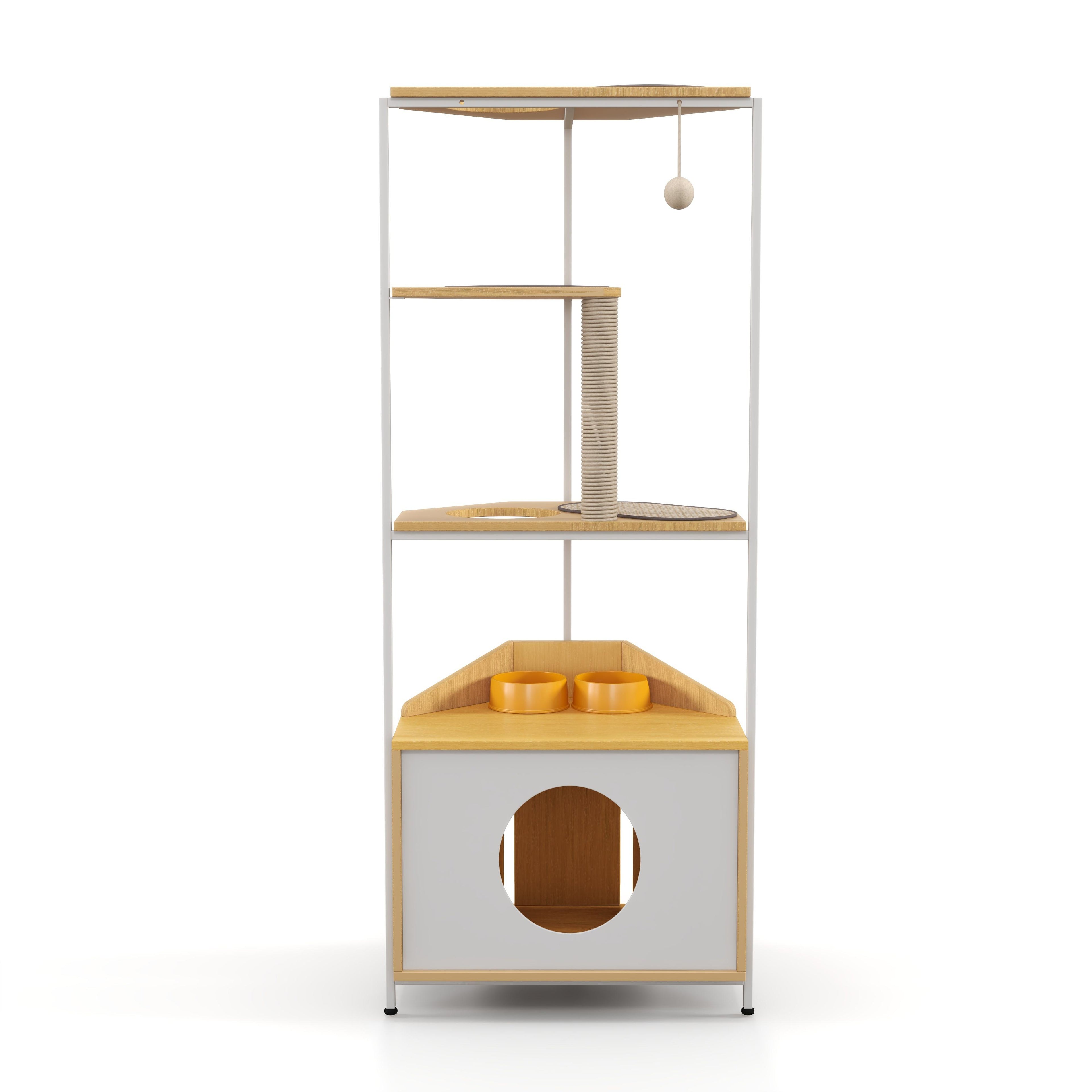 Corner Multi-Level Cat Tower and Condo with Scratching Post, Feeding Station, 25" L x 16" W x 58.5" H, White+Light Oak
