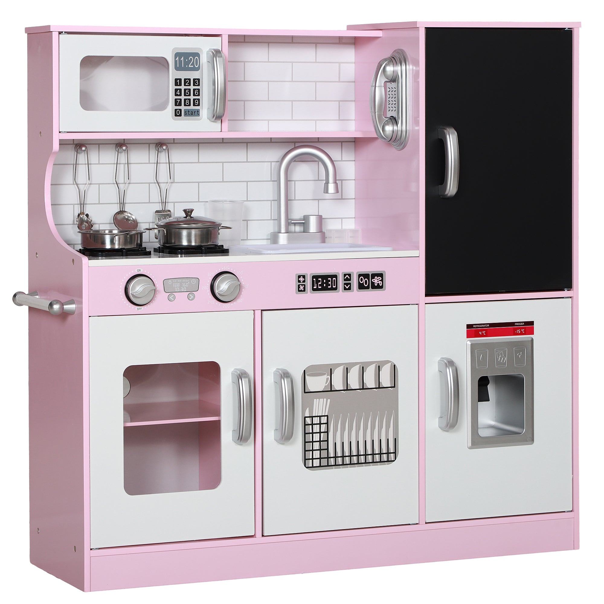 Pretend Play Kitchen, Kids Kitchen Playset with Play Phone, Chalkboard, Towel Rack & Ice Maker for 3-8 Years Pink