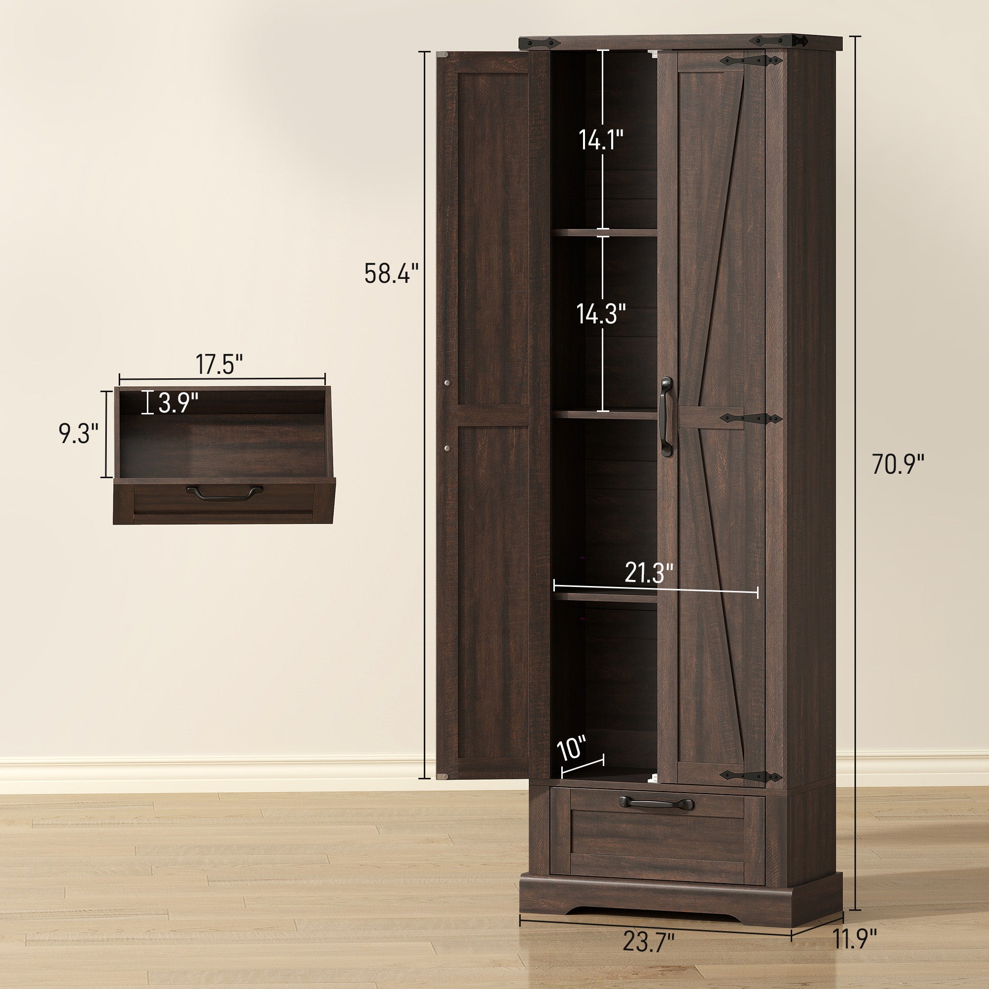 71" Pantry Cabinet, Kitchen Storage Cabinet with Adjustable Shelves, Barn Doors and Drawer for Dining Room, Brown