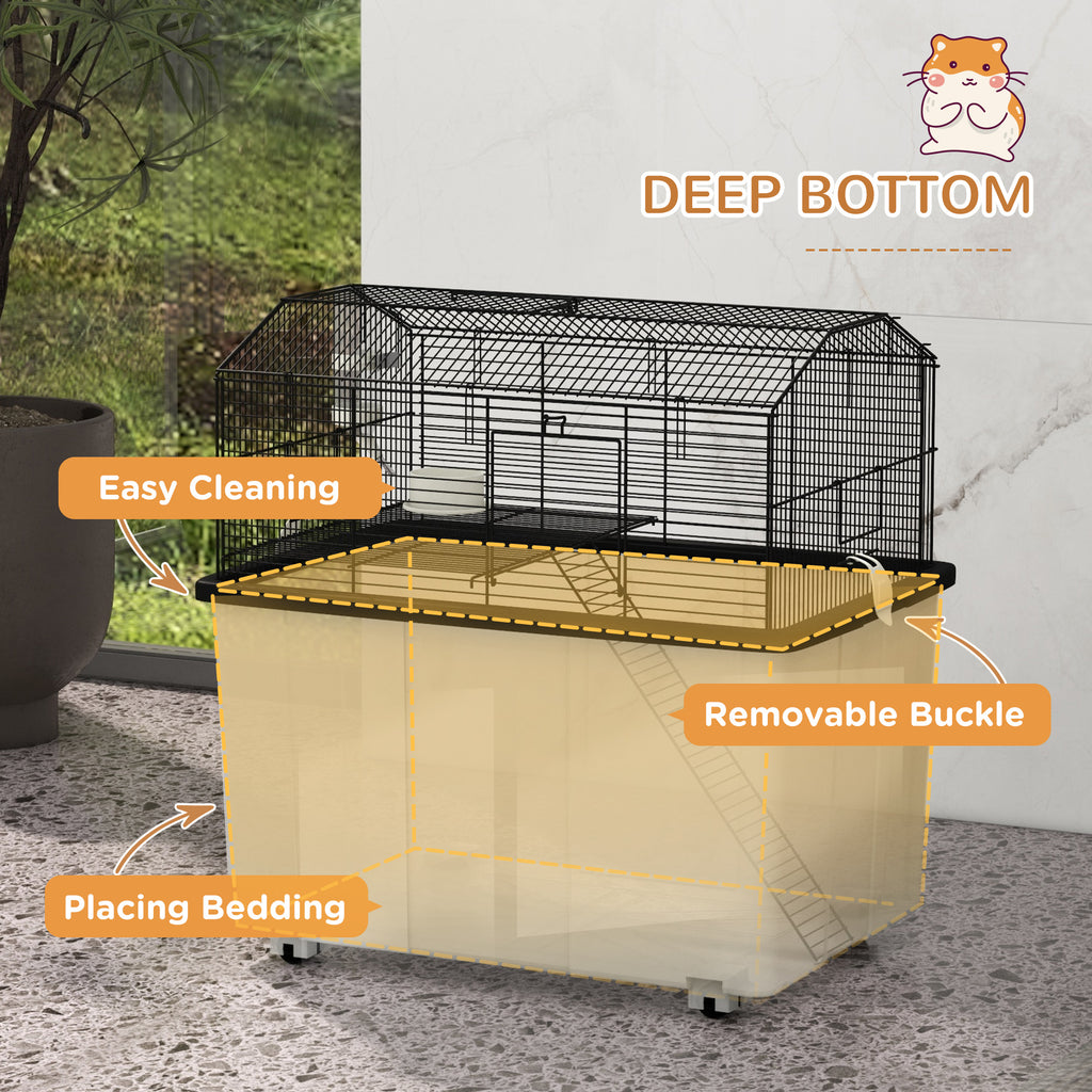 22" 2-Tier Hamster Cage with Extra-Deep 14" Base, Small Animal Cage with Ramp, Water Bottle, Food Dish, Wheels, Black