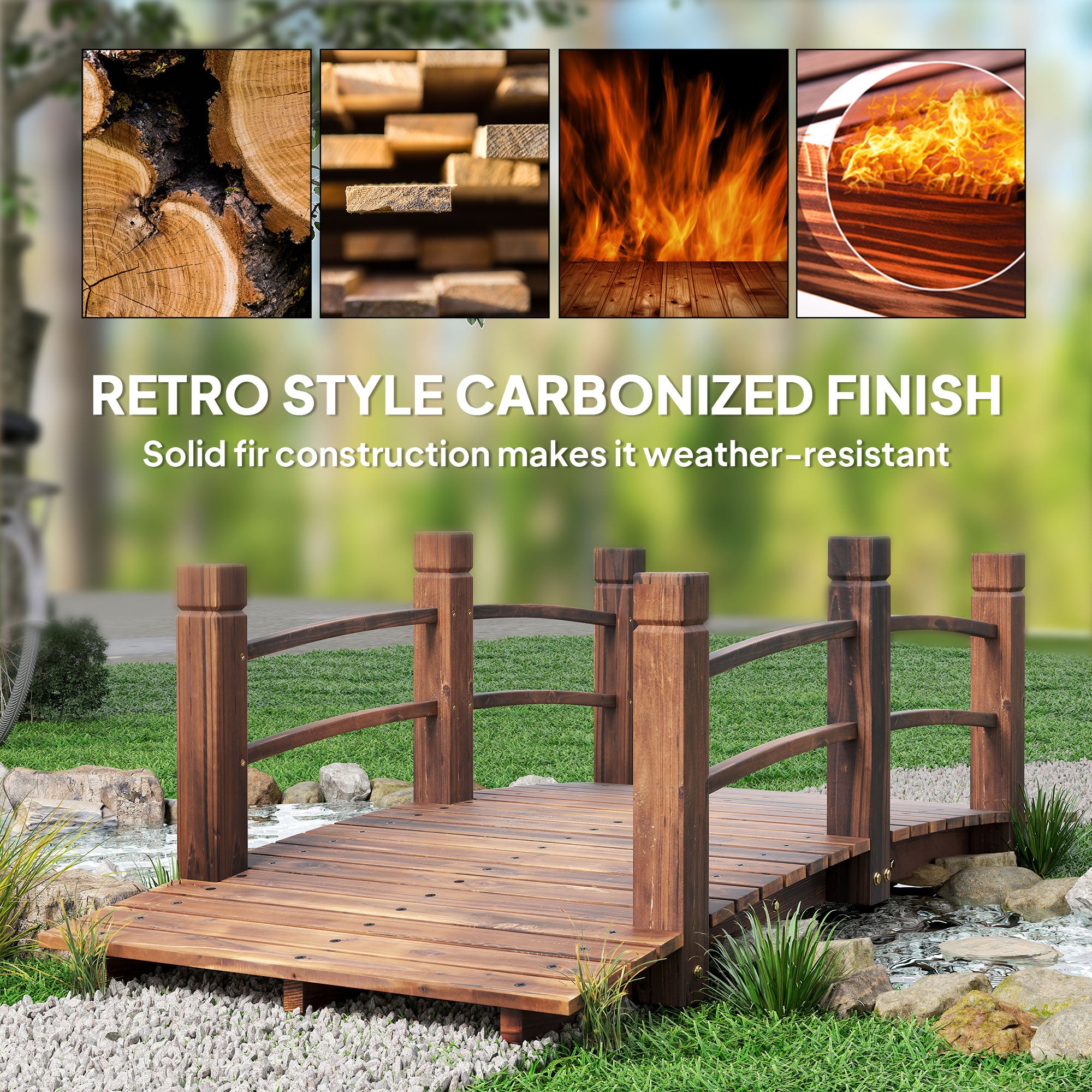 Fir Wood Garden Bridge Arc Walkway with Side Railings for Backyards, Gardens, and Streams, Stained Wood, 60" x 26.5" x 19"