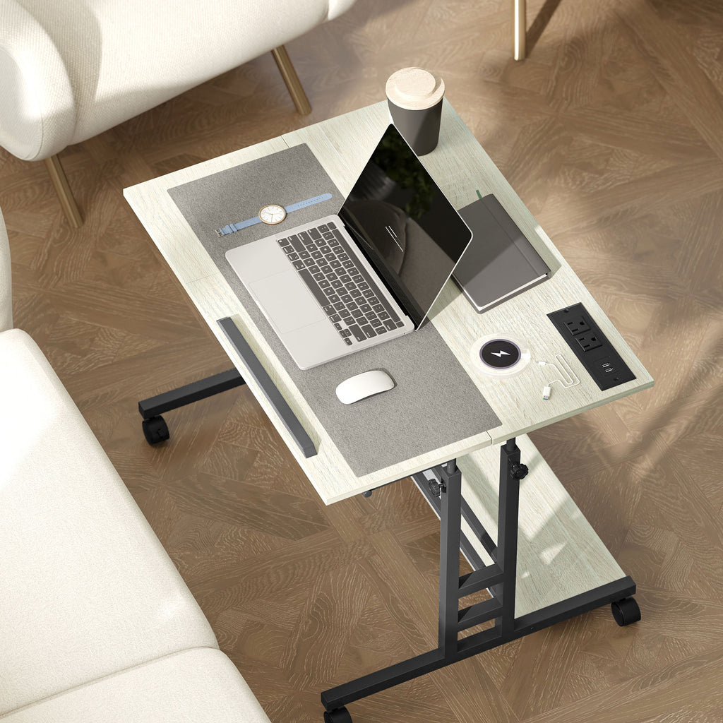 Adjustable Standing Desk with Power Outlets, Stand Up Desk with Tiltable Tabletop, Wheels, Shelf, for Home Office, Oak