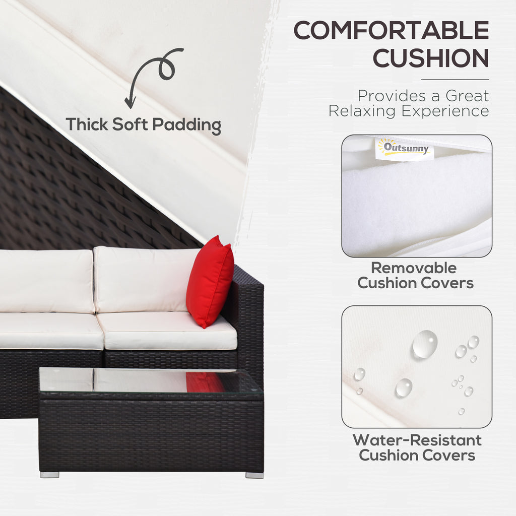 5-Piece Patio Furniture Set with Cushions, Outdoor PE Rattan Wicker Sofa Set, Sectional Furniture with Pillows, Glass Coffee Table for Garden, Backyard, Brown/Cream White