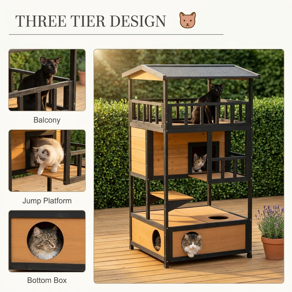 Wooden Outdoor Cat House, Feral Cat Shelter Kitten Condo with Asphalt Roof, Escape Doors, Condo, Jumping Platform, Yellow