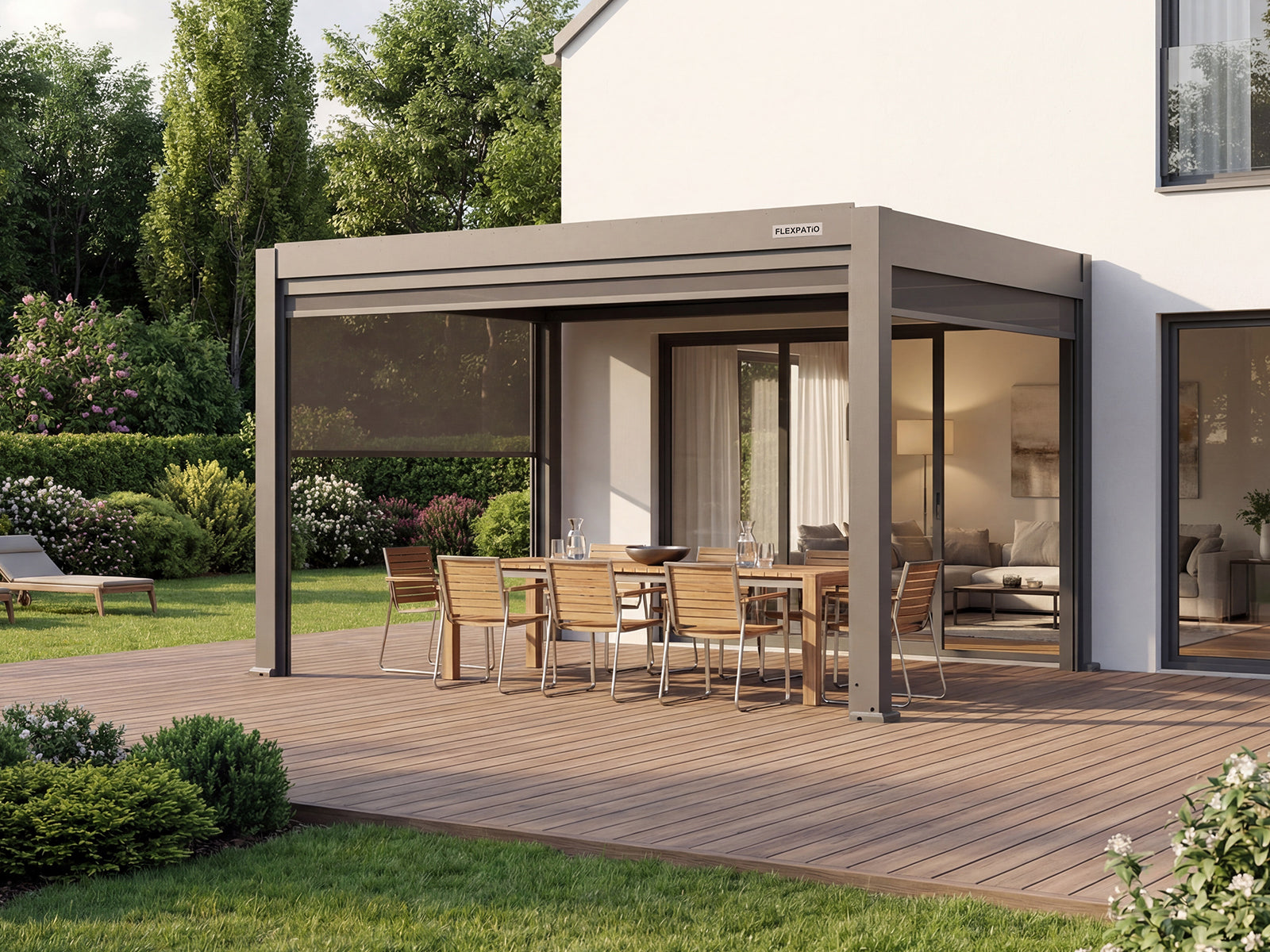 Motorized Roller Shades for Pergola - White Tough Mesh Weave, 10' Side Motorized Privacy Shade with Aluminum Track, 8% Openness Factor
