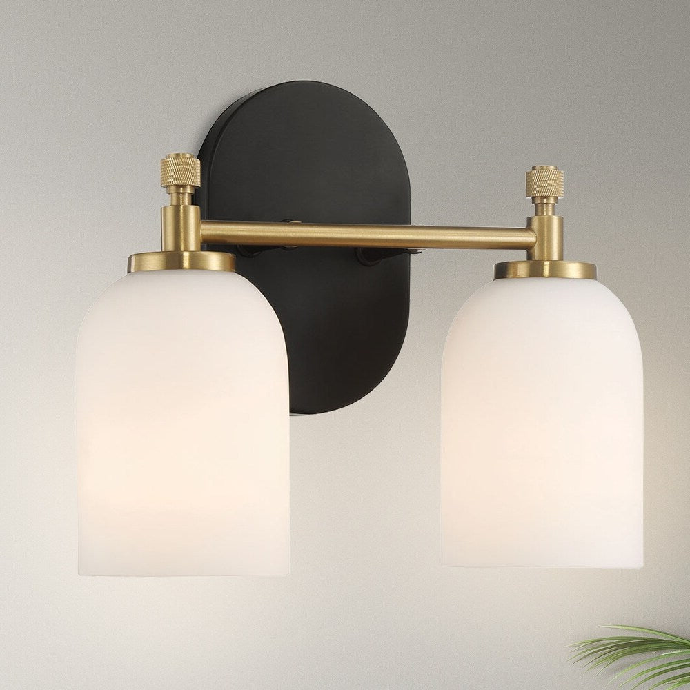 Vortex Two Lights Vanity Wall Sconce with White Frosted Glass, Traditional Style for Over Bathroom Mirror, 10.5" L x 5.5" W x 10" H, Gold+White
