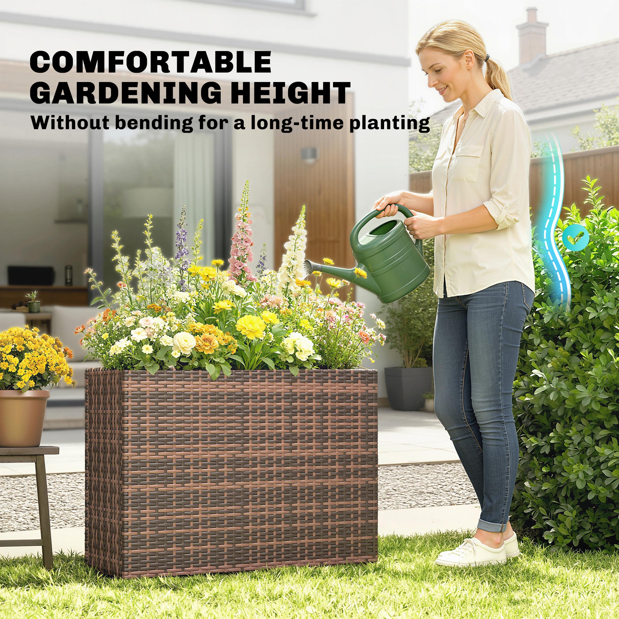 Tall Rectangular Planter with Removable Liner, Holes, PE Wicker Large Planter Box for Indoor Outdoor Plants, Brown