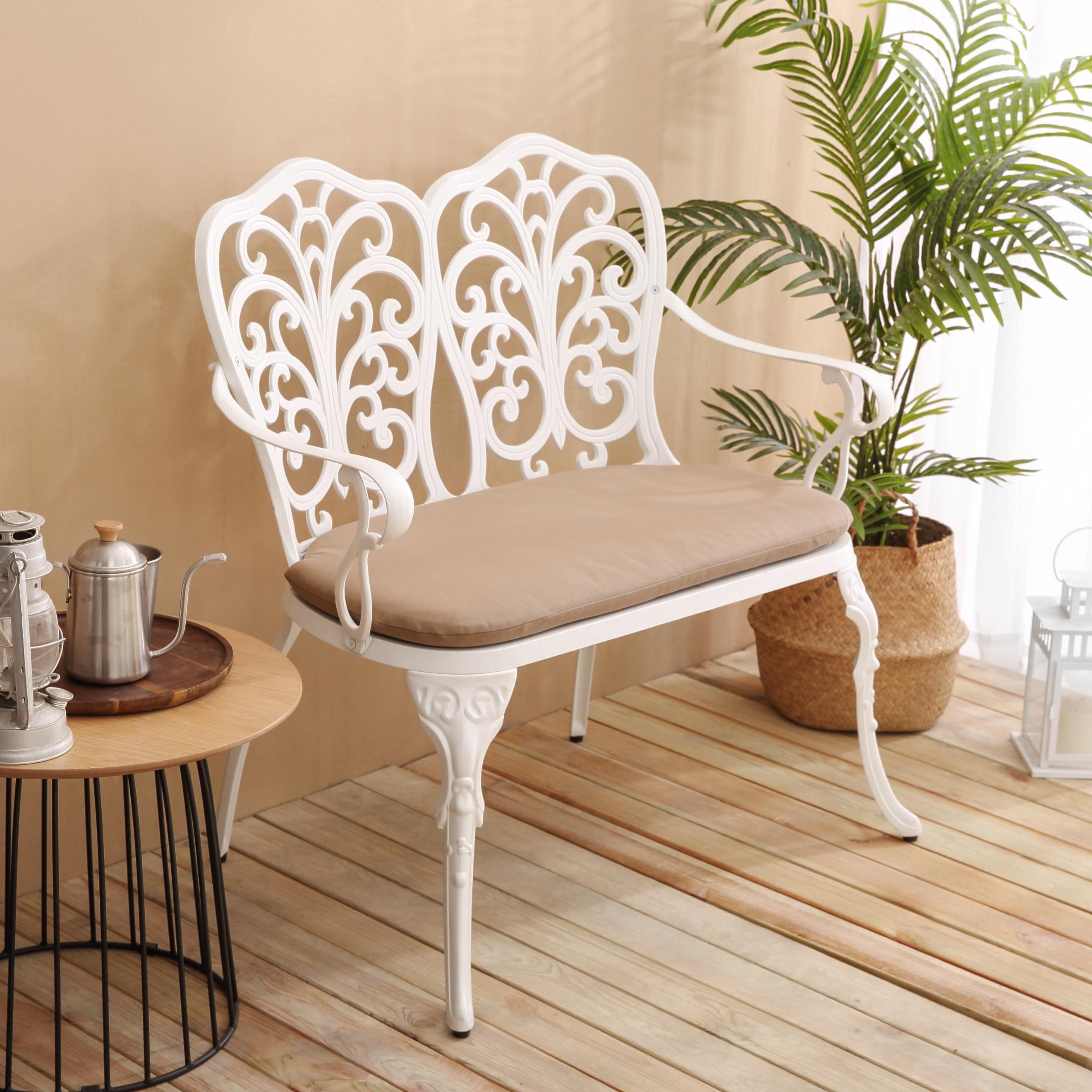 Patio Garden Bench with Floral Rose Design, Seat Cushion, Outdoor Park Bench with Cast Aluminum Frame, 34.5" L x 22.5" W x 34.5" H, White