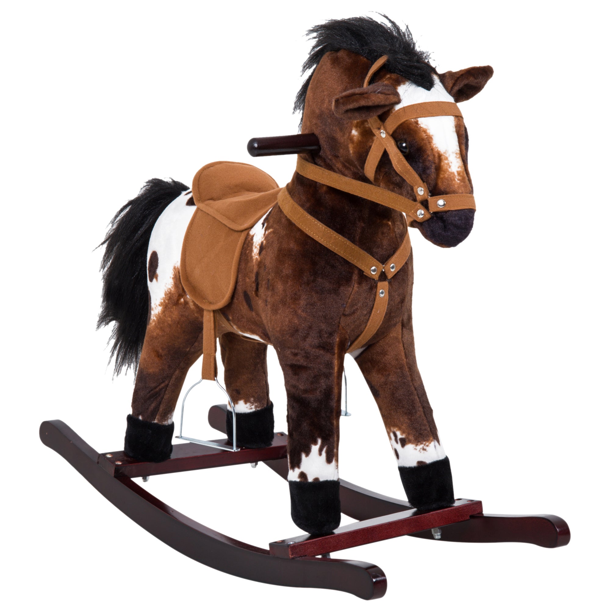 Kids Wooden Plush Ride-On Rocking Horse Chair Toy with Realistic Sounds Dark Brown/White