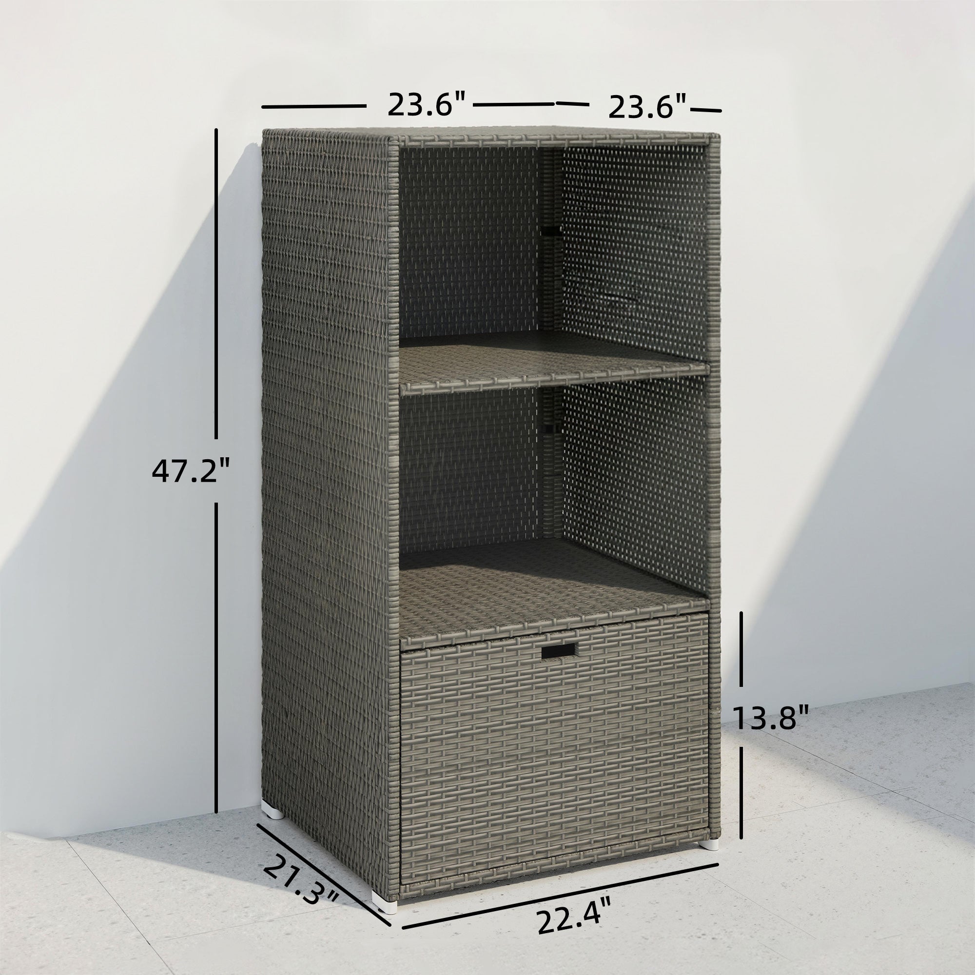 Valet Pool Towel Rack, Water-Resistant PE Plastic Rattan Wicker Storage Organizer, 2 Shelves, 1 Basket Drawer, Dark Gray