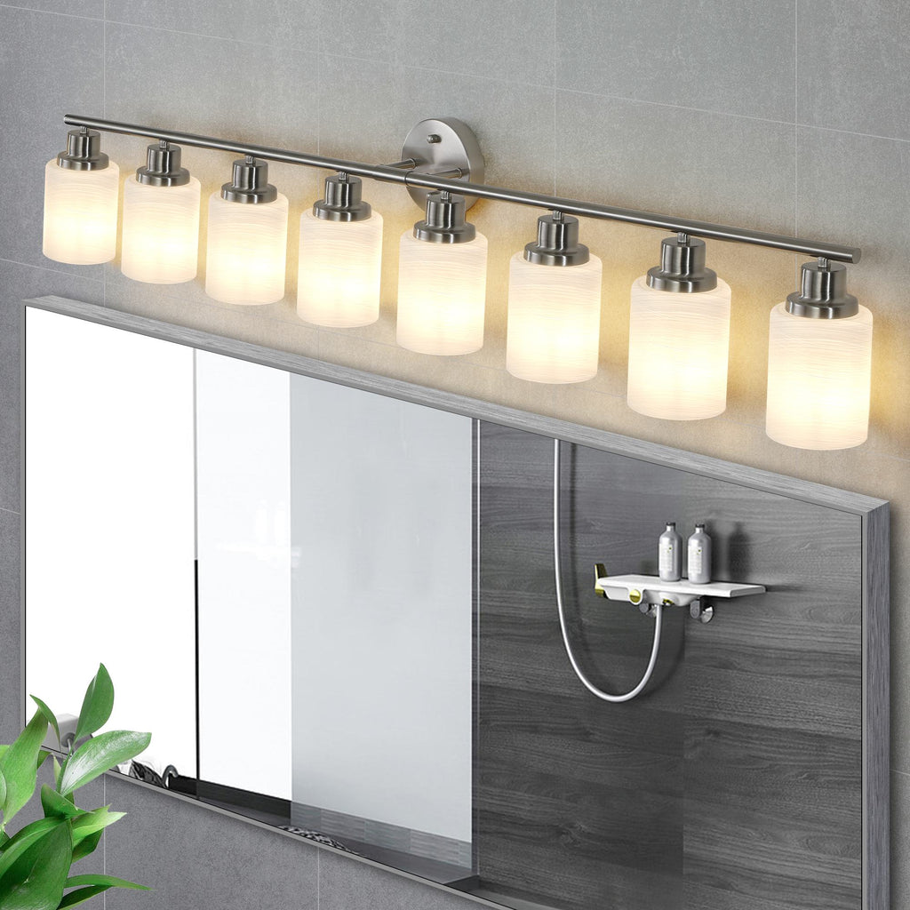 52" 8-Light Vanity Wall Sconce with Frosted Glass Shades, Brushed Nickel Finish, Ideal for Bathroom, Hallway, 52" L x 6.5" W x 10" H, Silver
