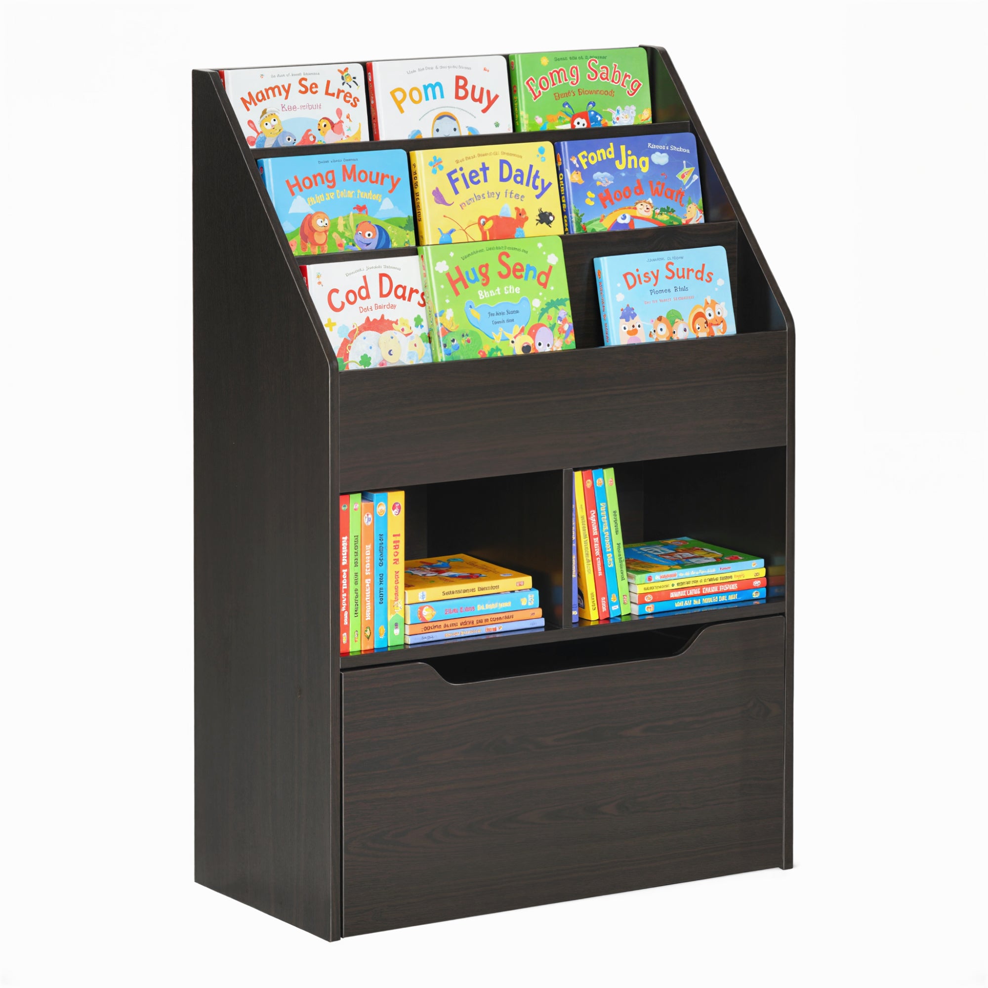 Kids Bookcase Multi-Shelf Book Rack with Mobile Drawer for Books, Toy,Brown