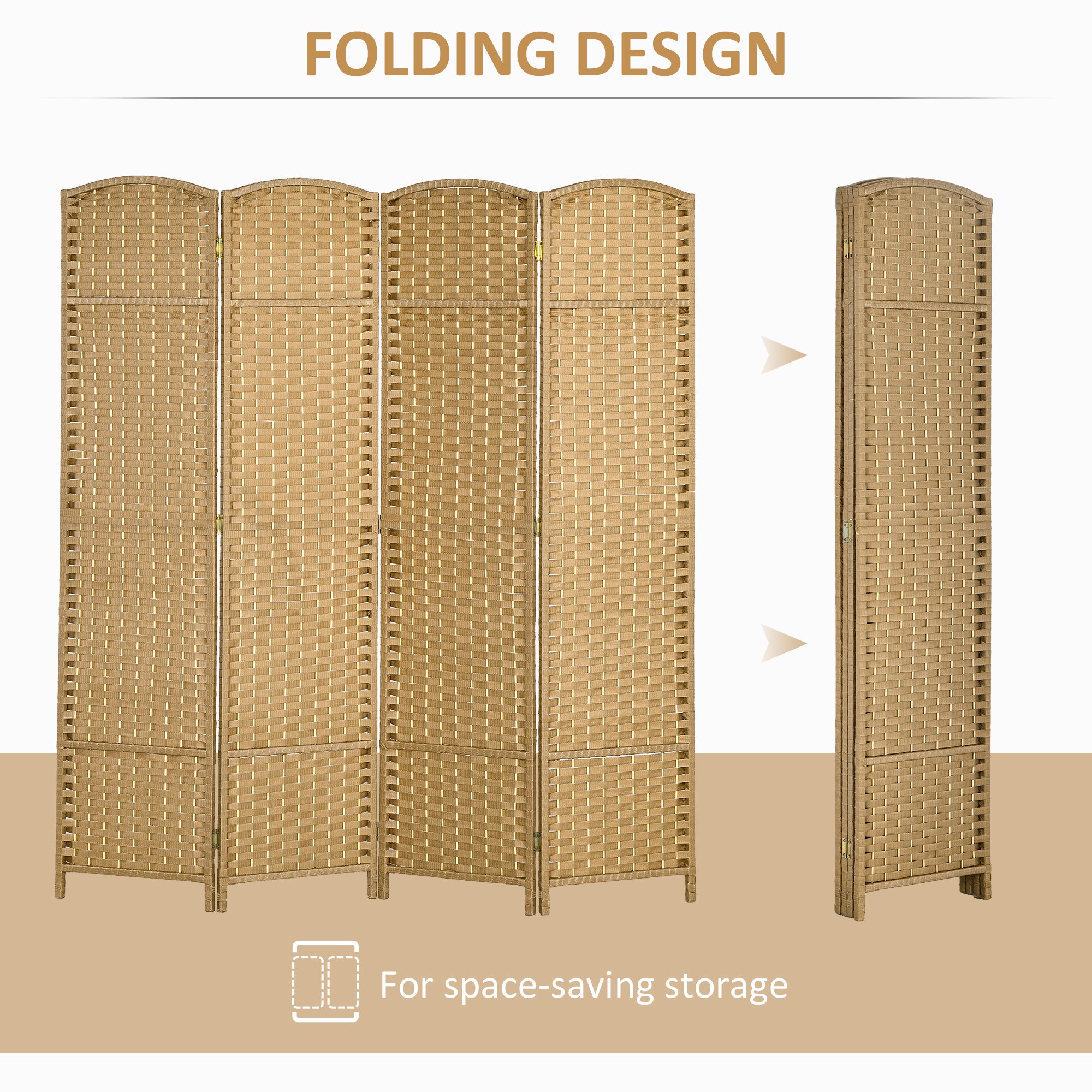 Folding Room Divider Screen 4 Panel 5.6 ' Tall Privacy Screen Freestanding Room Partition for Home Office, Nature Wood