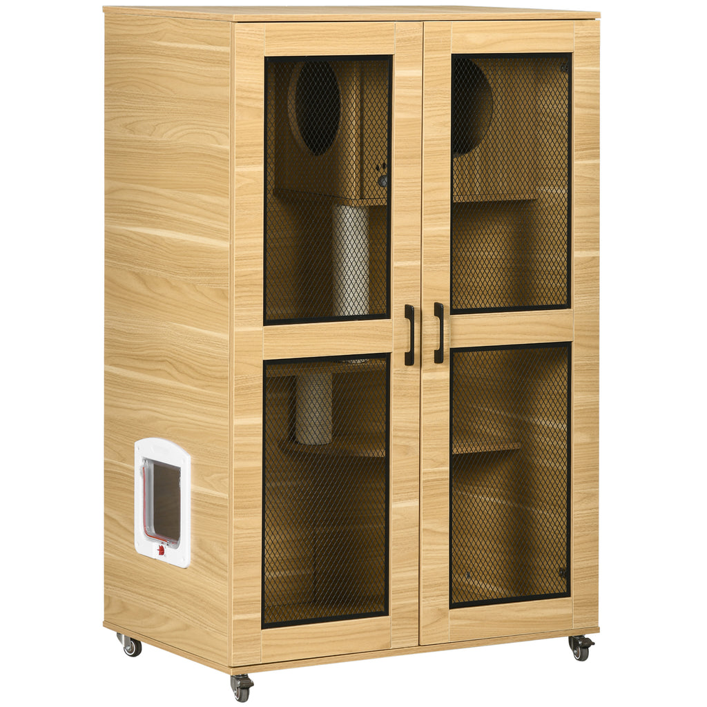 Luxury Cat House with Wheels, Kitty Cage Catio Villa for Indoor Cats with Scratching Posts, Condo, Flap Door, Cushion, Oak, 31.5" x 20" x 48.5"
