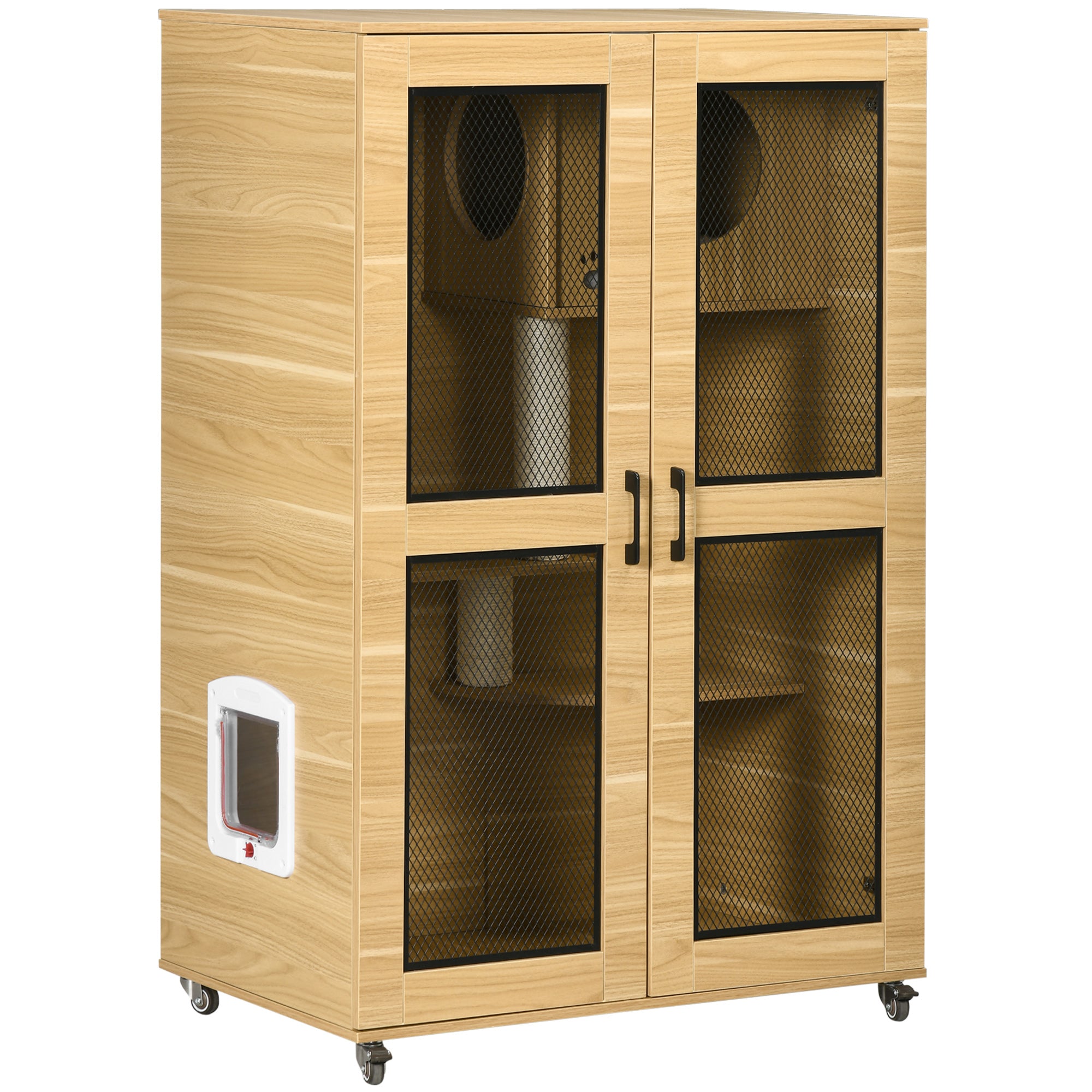 Luxury Cat House with Wheels, Kitty Cage Catio Villa for Indoor Cats with Scratching Posts, Condo, Flap Door, Cushion, Oak, 31.5" x 20" x 48.5"