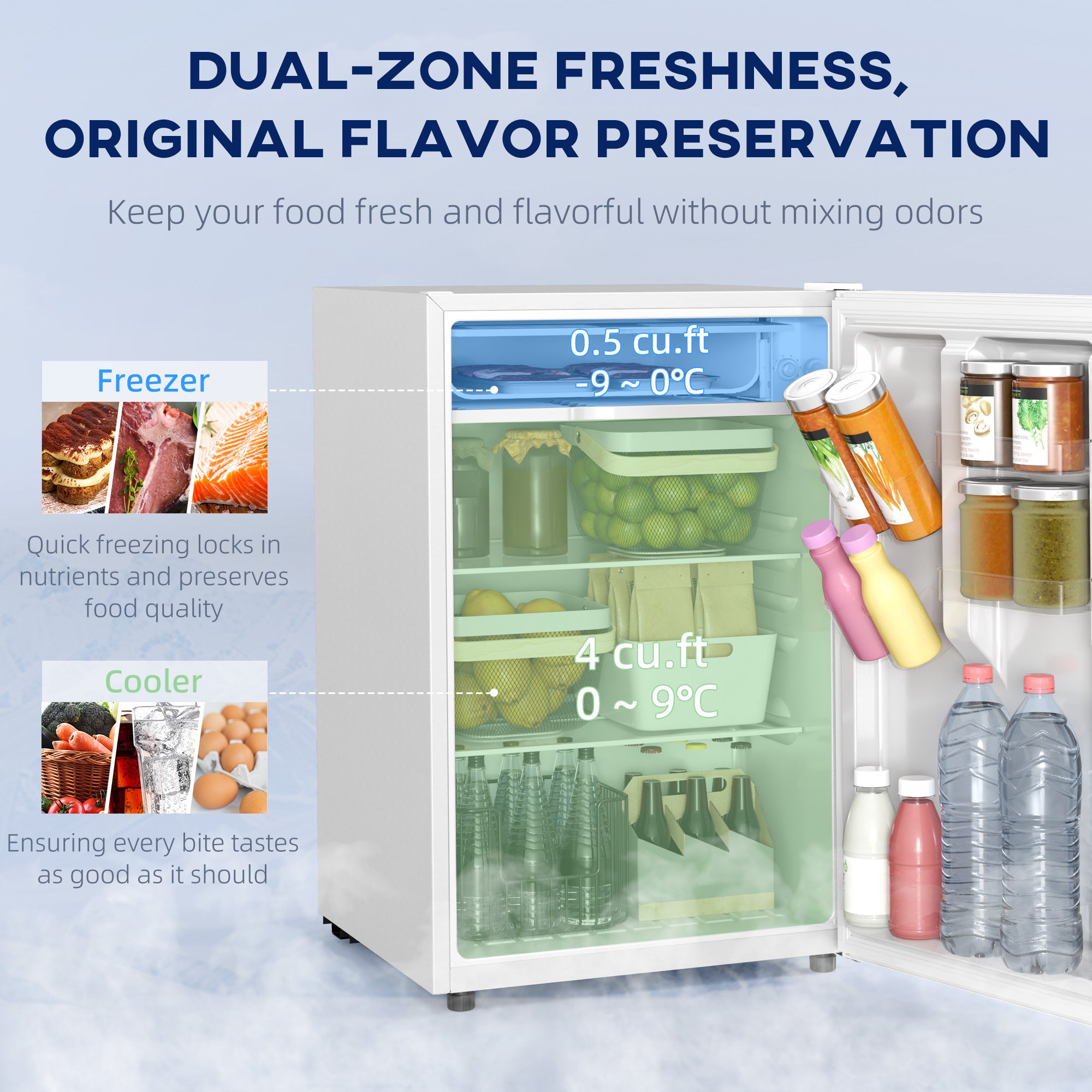 4.5 Cu.Ft Mini Fridge, Single Door Refrigerator with Freezer, Wheels, Adjustable Thermostat, Reversible Door, White