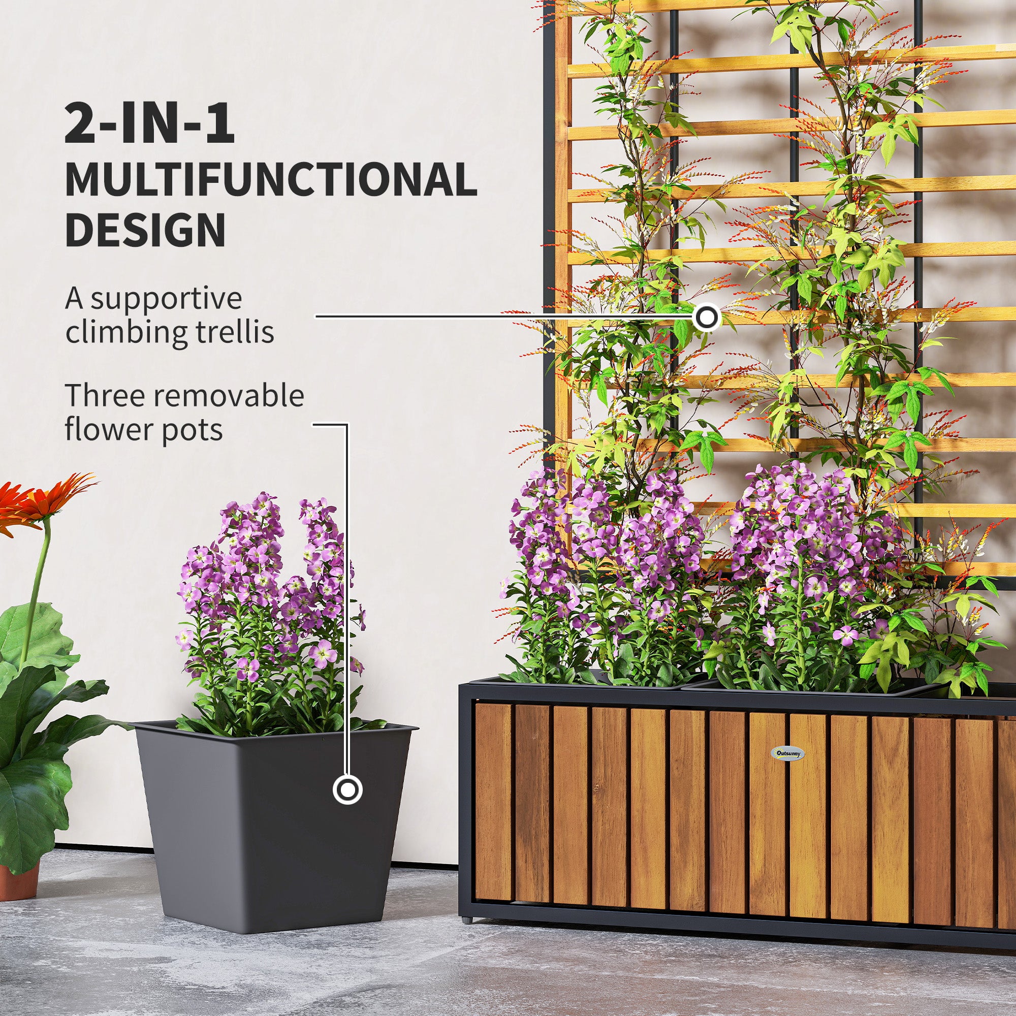 Wooden Raised Garden Bed with Trellis, Removable Pots for Backyard, Patio, Balcony, 29" x 11" x 52", Teak