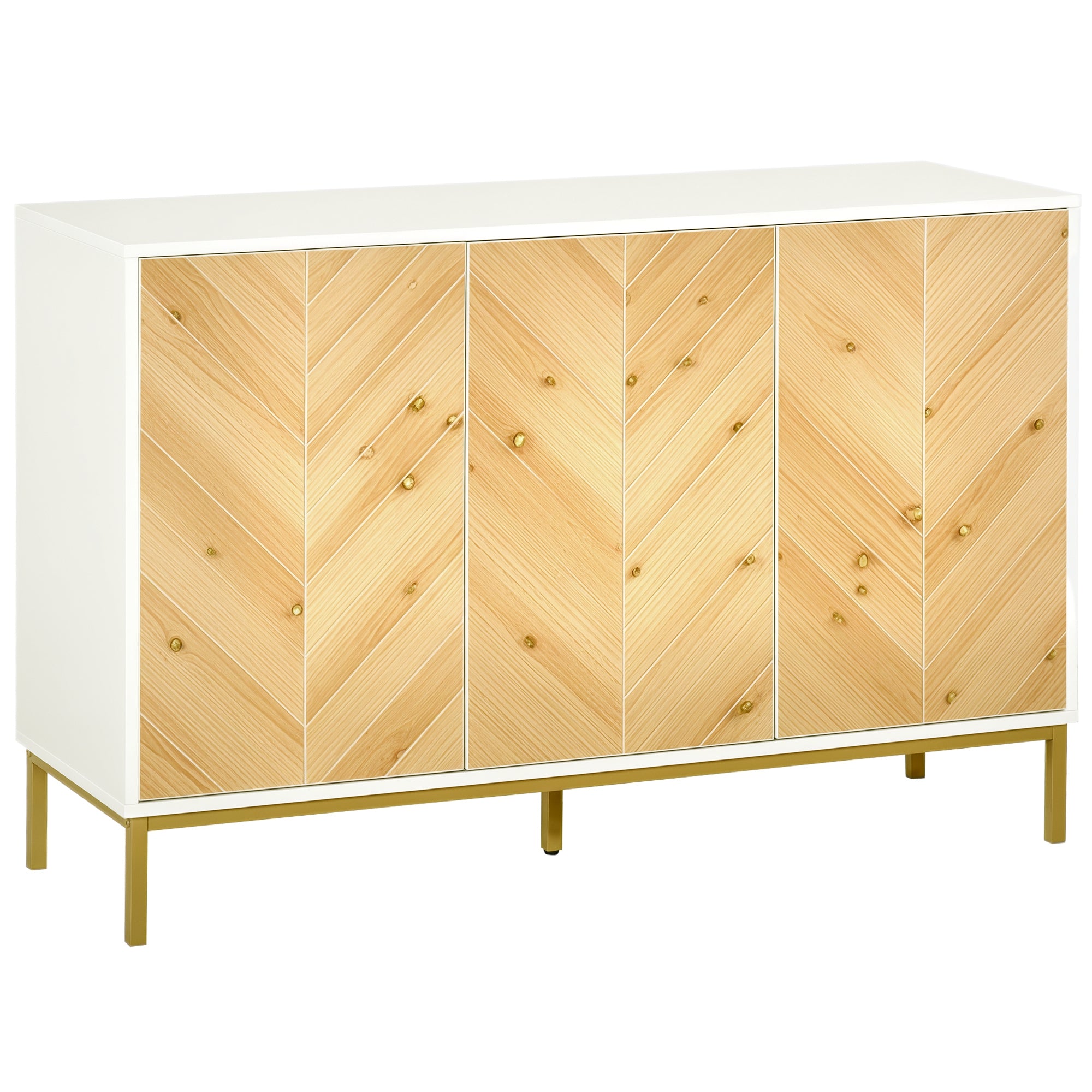 3 Door Sideboard Buffet Cabinet, Coffee Bar Cabinet with Chevron Pattern, Adjustable Shelf and Metal Legs, Natural Wood