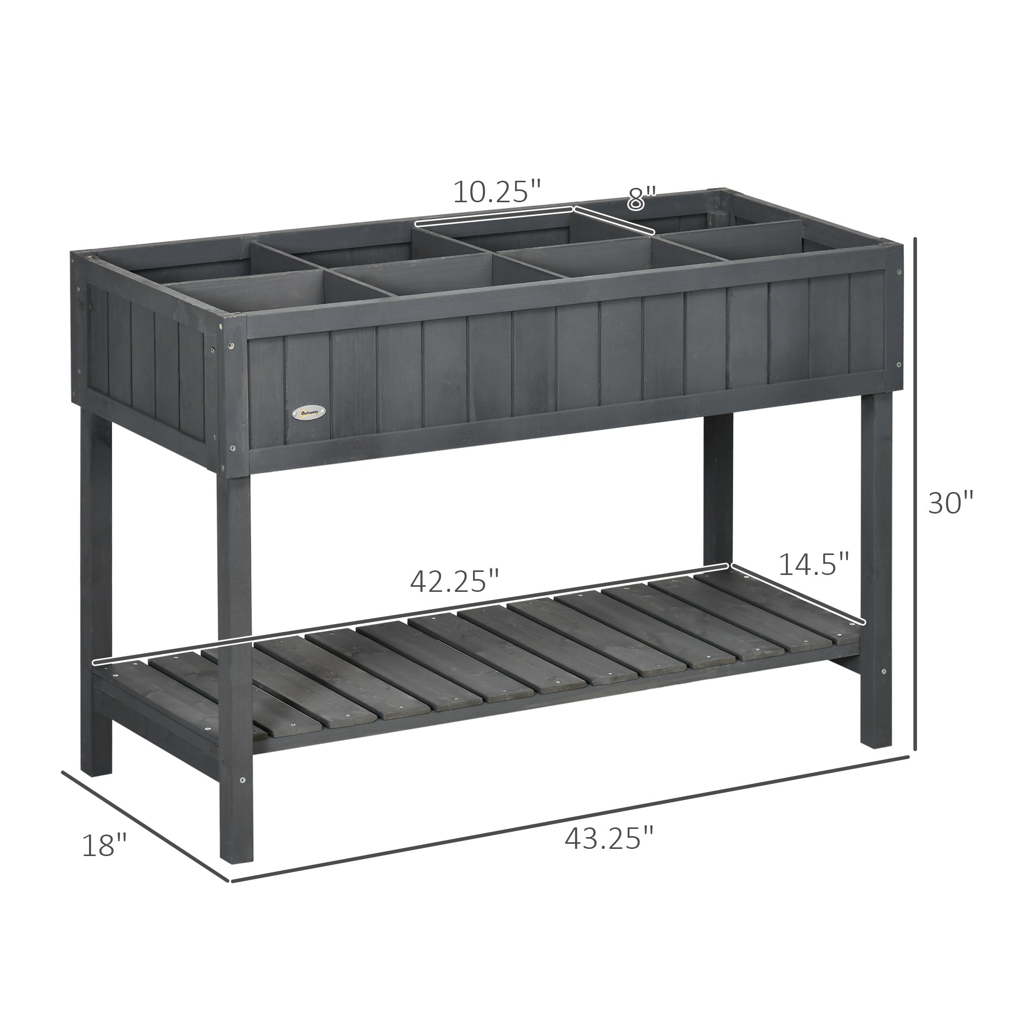 Wooden Raised Garden Bed, Elevated Planter Box Stand with 8 Slots and Open Shelf, Dark Gray