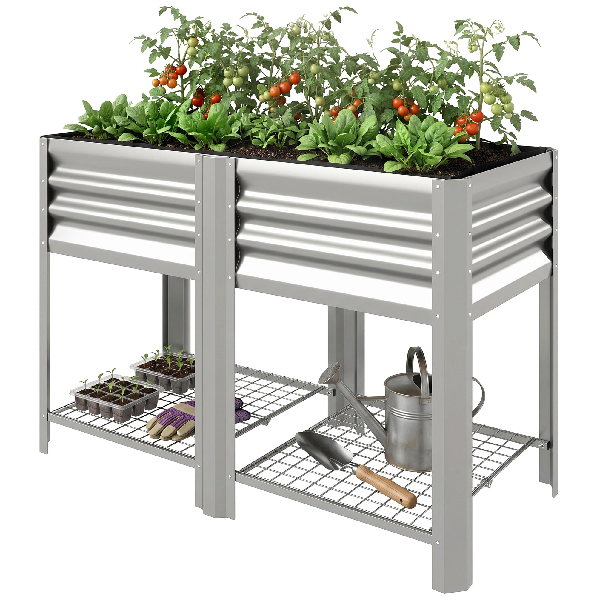 Raised Garden Bed Galvanized Steel, Elevated Planter Box with Storage Shelf, Bed Liner, 31.5" High, Silver