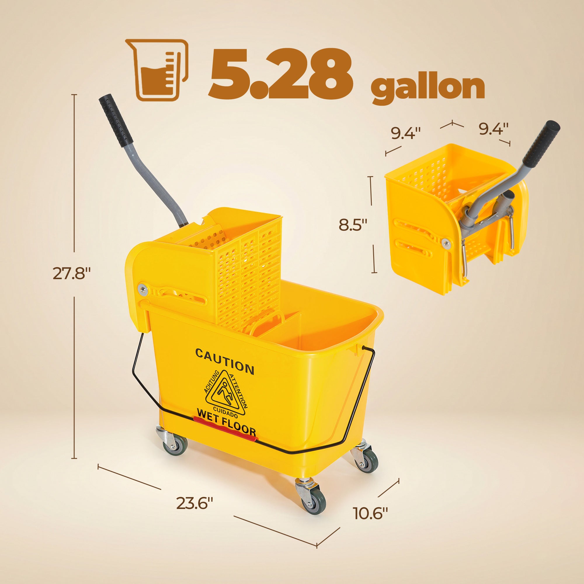 Compact Mop Bucket with Wringer, Mop Bucket on Wheels, 21 Quart, Separate Dirty and Clean Water, Yellow