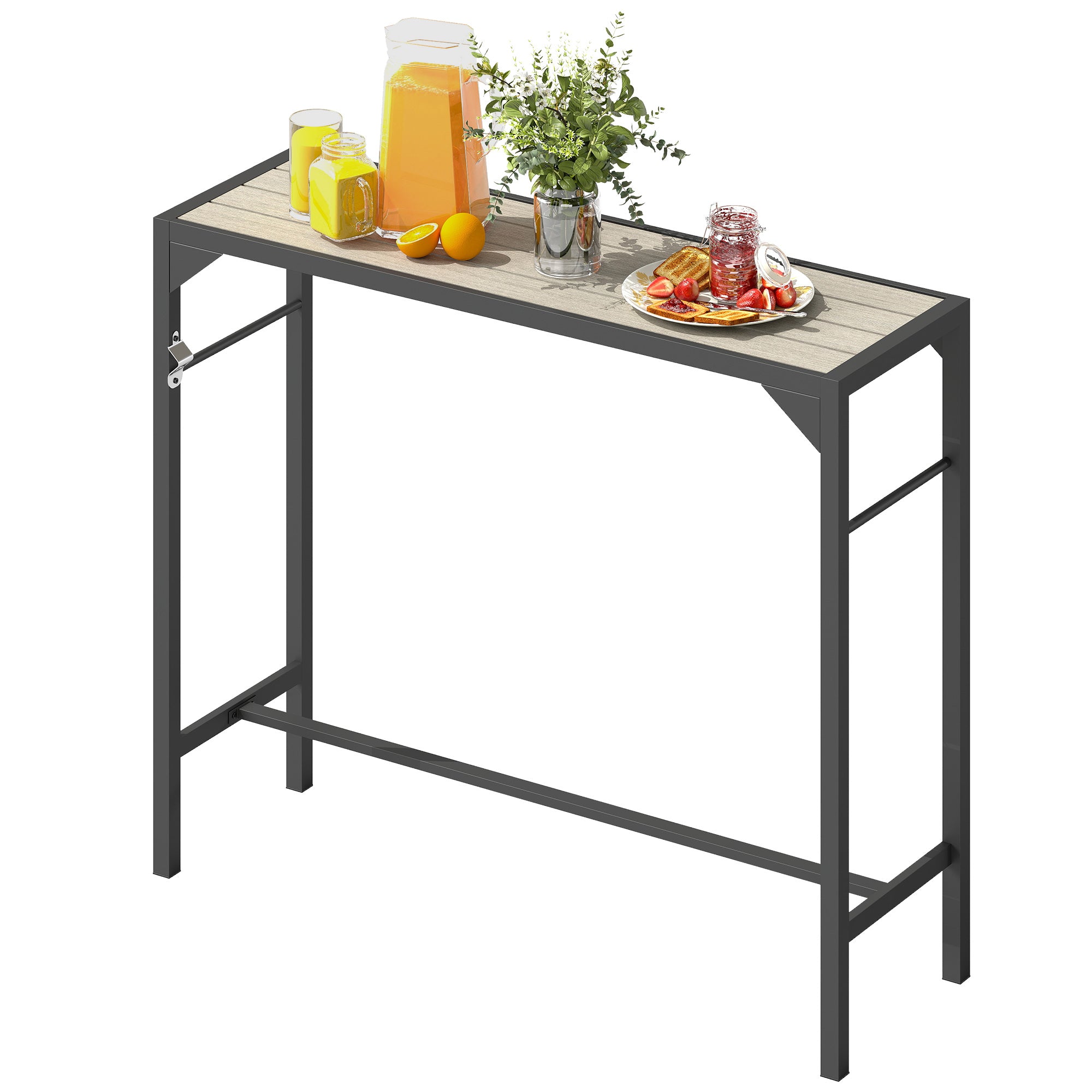 Outdoor Bar Table, Bar Height Patio Bar Table w/ Built-In Bottle Opener, Plastic Top with Wood Grain, 47.25" x 15" x 39"
