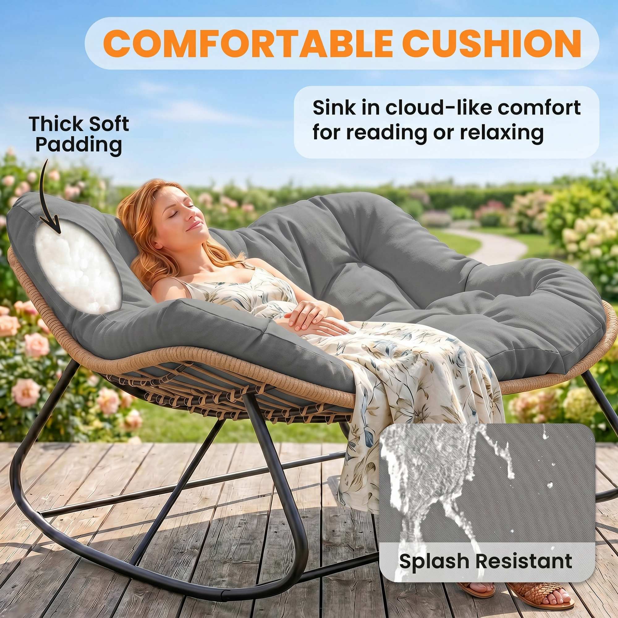Indoor Outdoor Double Papasan Rocking Chair, Oversized Rocking Egg Chair with Cushion for Garden, Patio, Gray