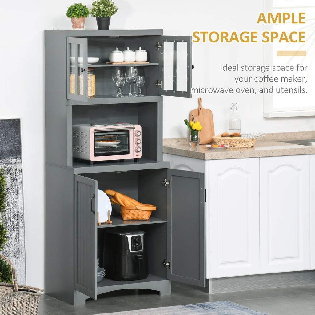 Storage Cabinet with Adjustable Shelves and Microwave Space, 70" Pantry Cabinet with Glass Framed Door, Gray
