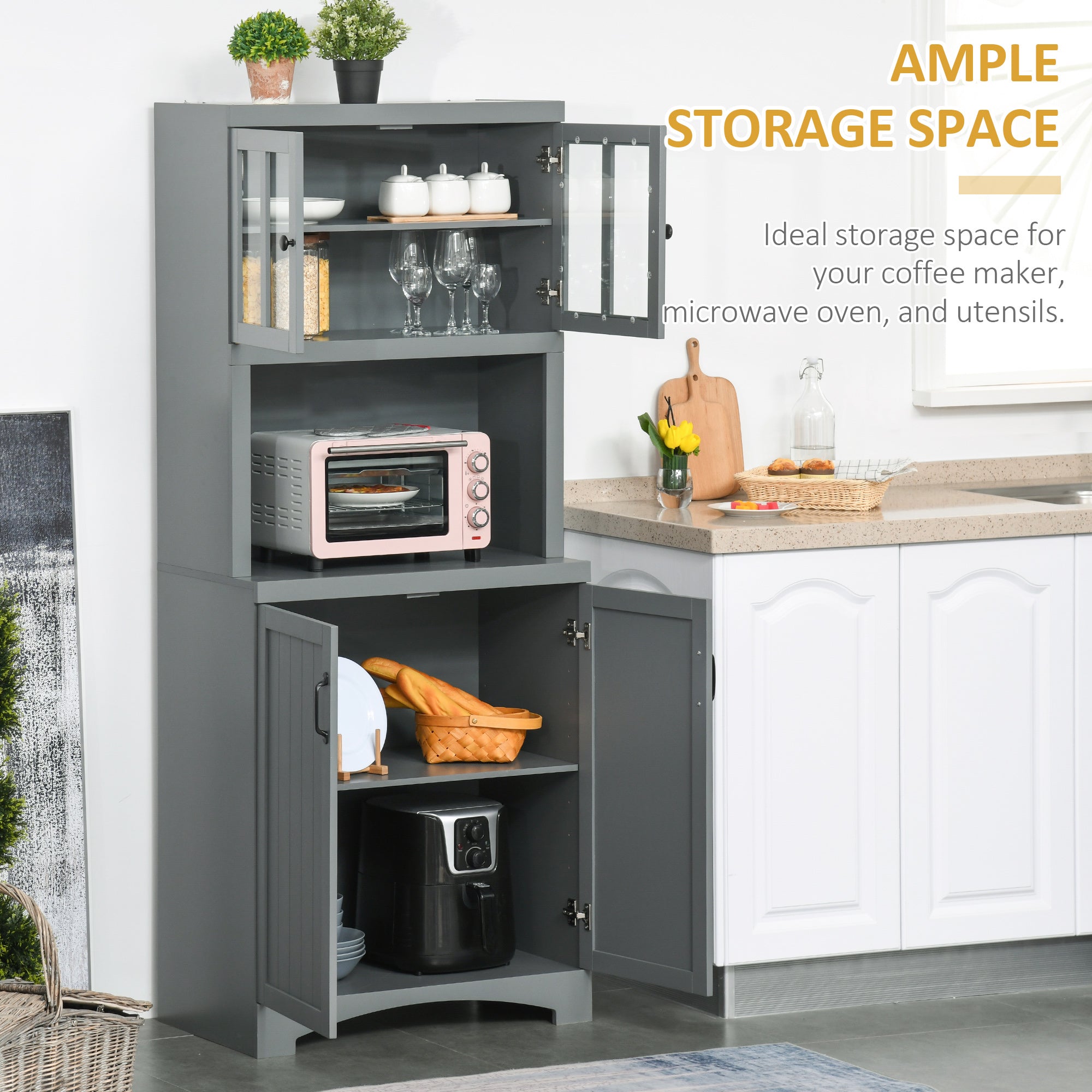 Storage Cabinet with Adjustable Shelves and Microwave Space, 70" Pantry Cabinet with Glass Framed Door, Gray