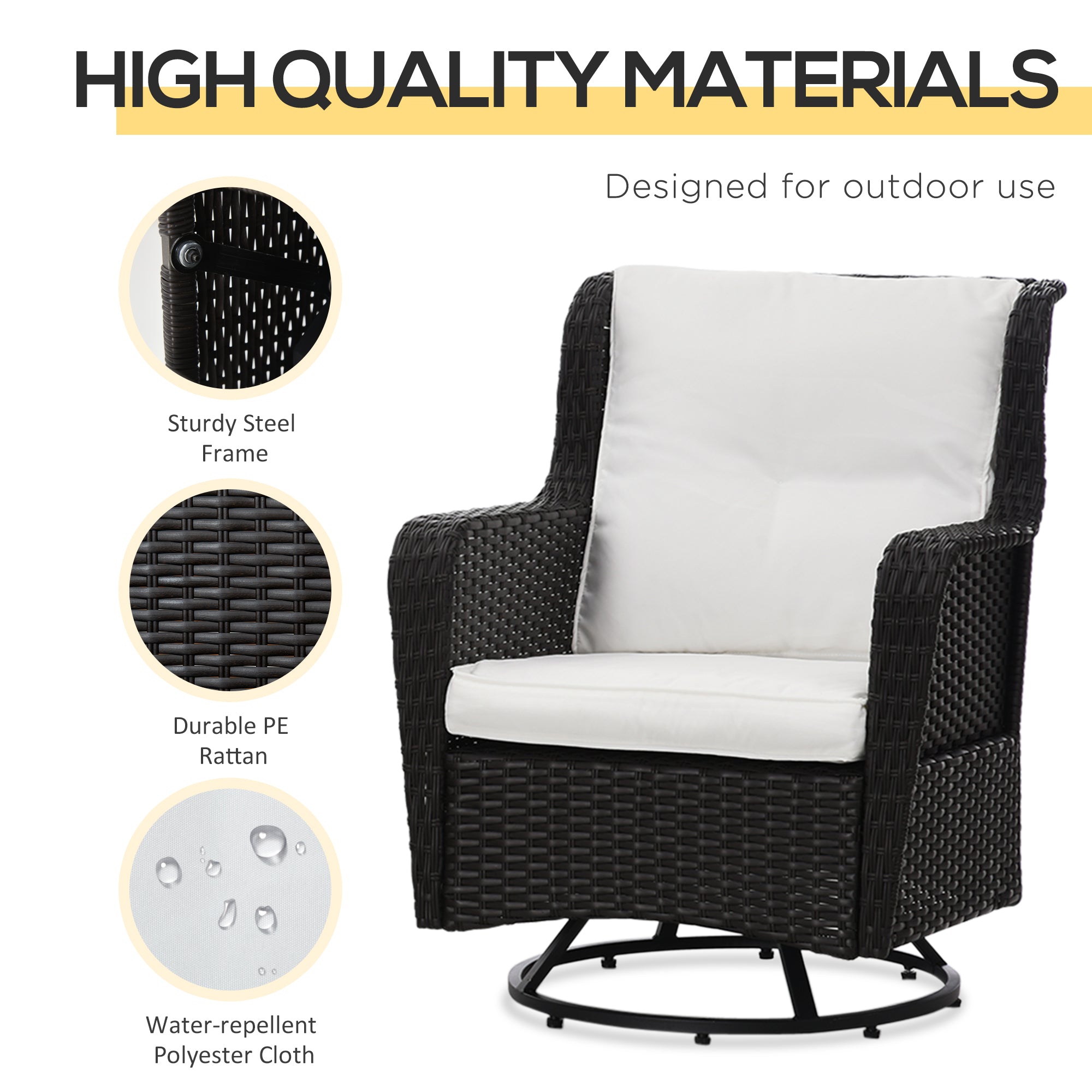 Patio Bistro Set, Porch Furniture with 360° Rotation & Rocking Function, 28.25"x30.75"x36.25", Cream White