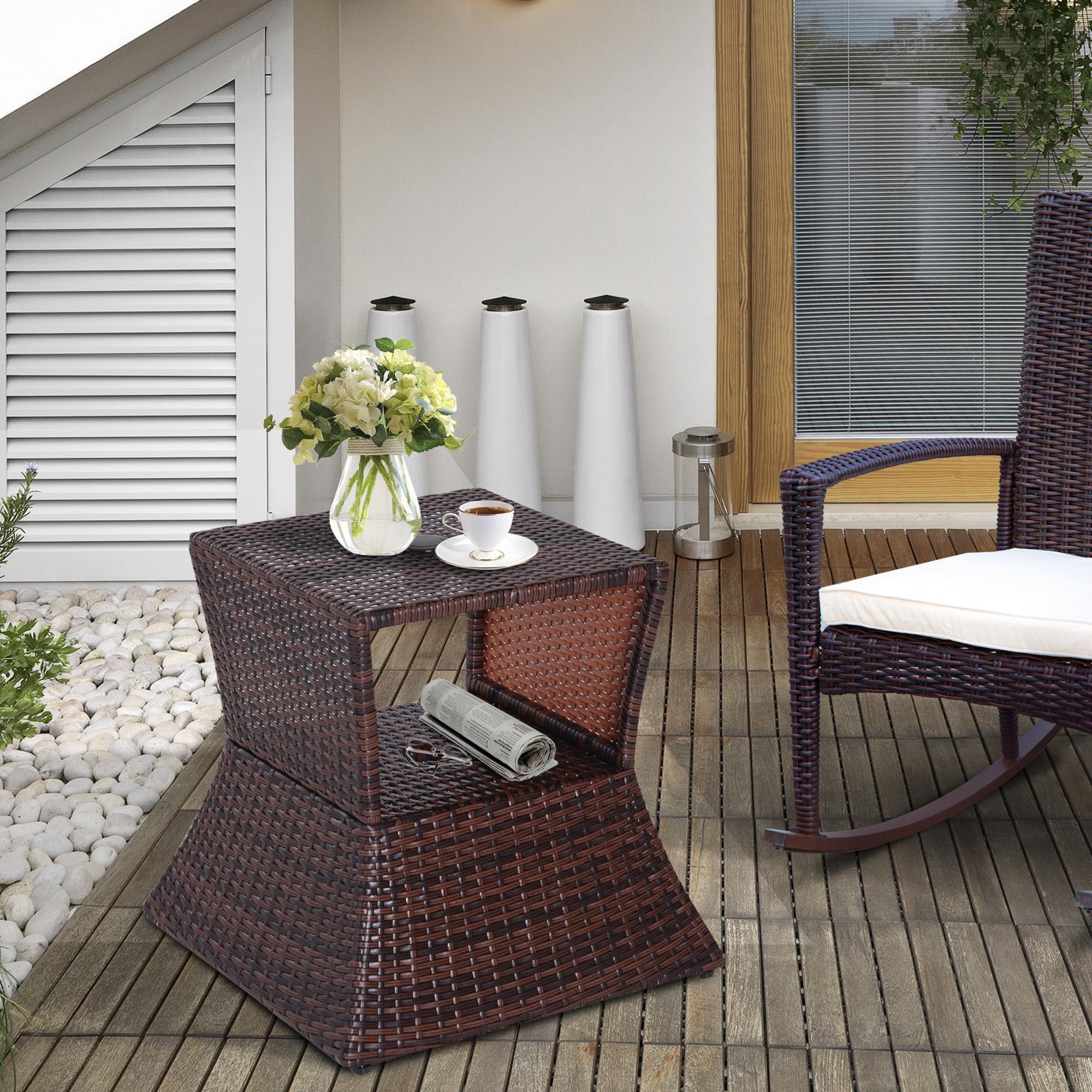 Outdoor Side Table with Umbrella Hole, 2 Tier Rattan Wicker End Table with Storage Shelf, All Weather for Outdoor, Patio, Garden, Backyard, Mixed Brown