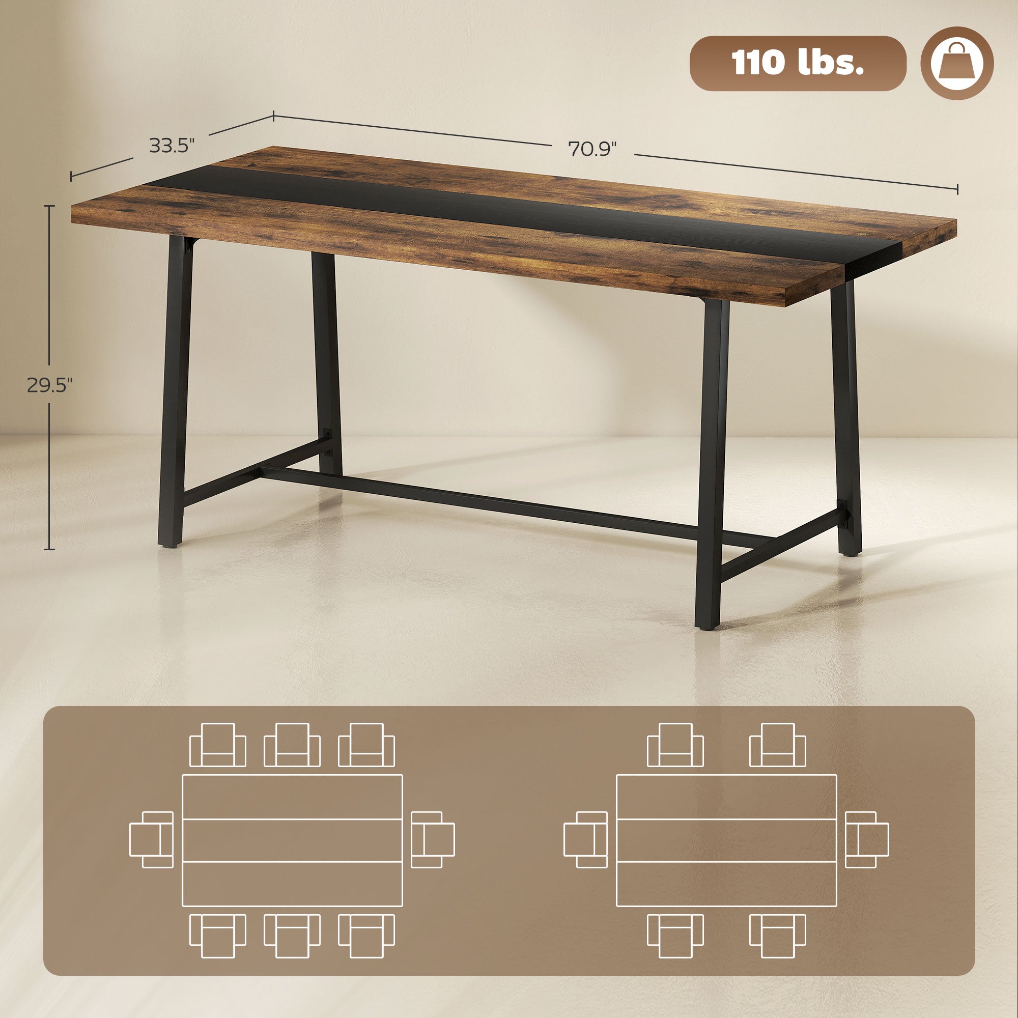 Industrial Kitchen Table for 8 People, 70.9" Long Dining Table with Large Tabletop and Steel Legs for Dining Room, Brown