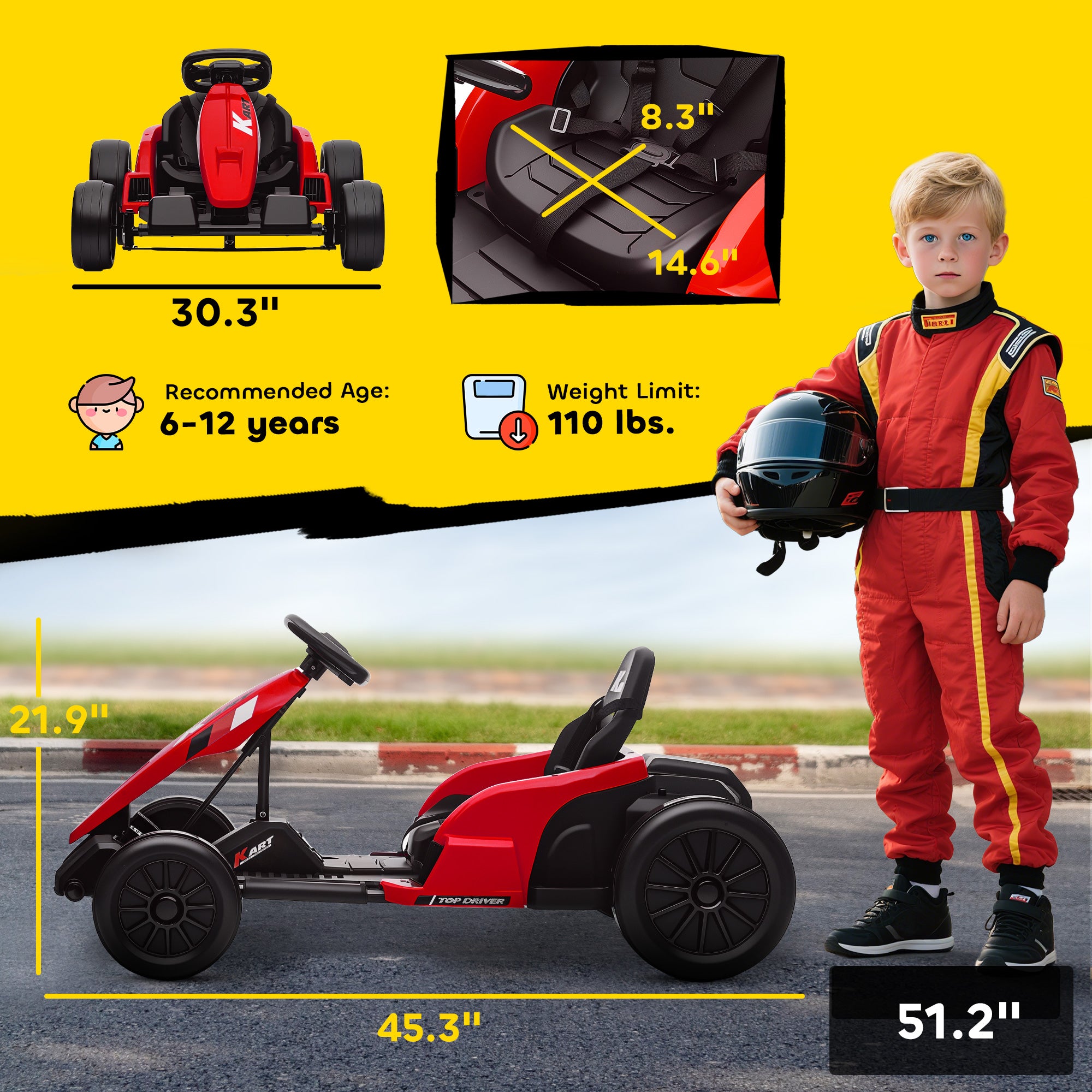 24V Electric Go Kart with Dual 150W Motors, Adjustable Seat & 11.2MPH High Speed, Slow Start, 5-Point Harness, Red