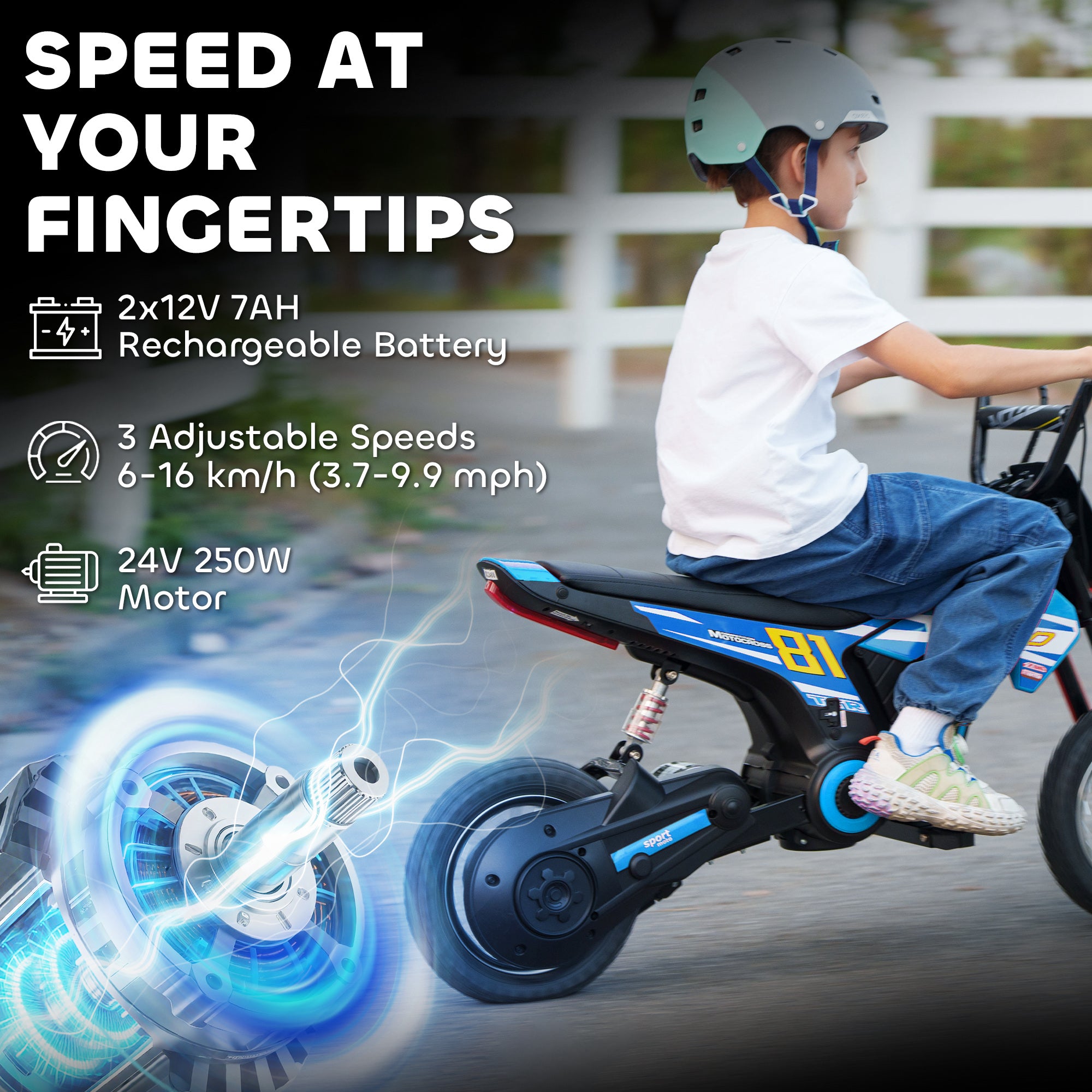 24V Kids Motorcycle, Electric Dirt Bike with 250W Motor, Up to 9.9 MPH, 12" Inflatable Tires and Rear Suspension, Blue