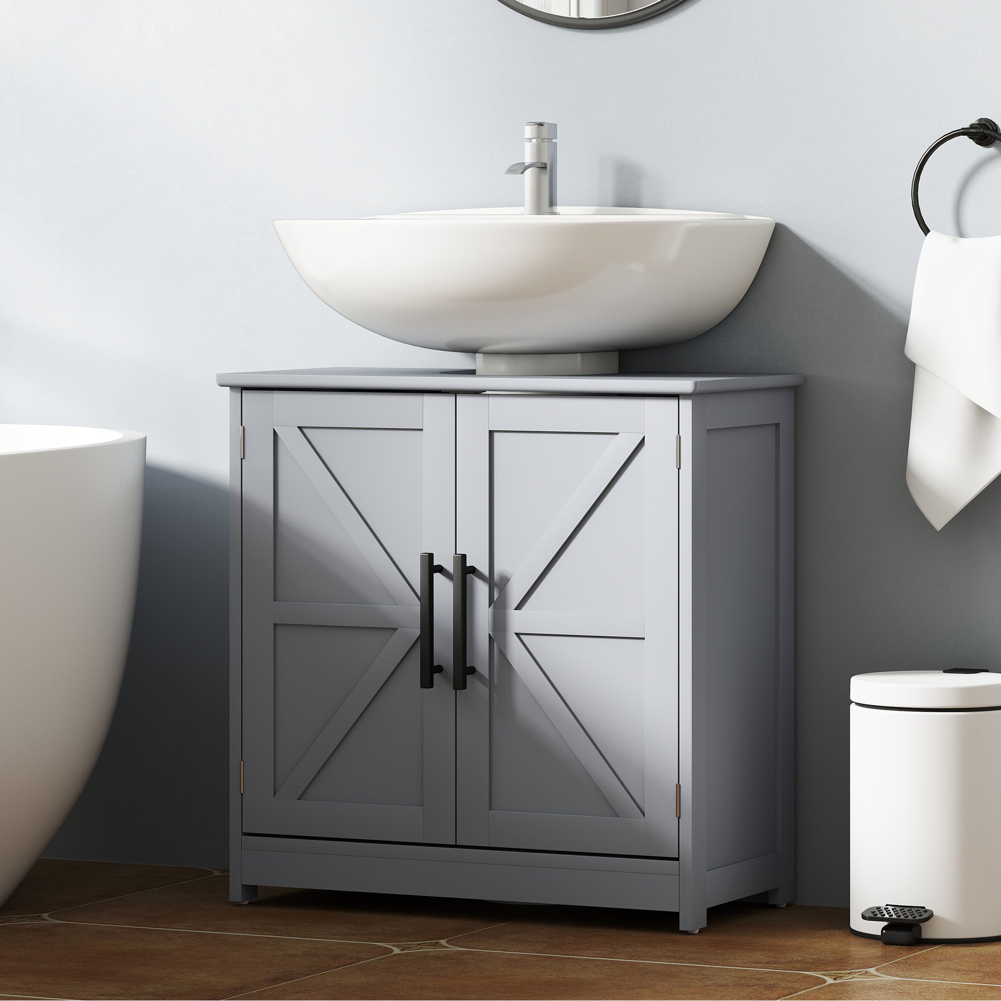 Farmhouse Pedestal Sink Storage Cabinet, Bathroom Sink Cabinet with 2 Barn Doors and Adjustable Shelf, Dark Gray