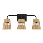 Stylish Three-Light Wall Sconce with Rattan Shade, Metal Finish, Bathroom Lighting Fixture Over Mirror, 6.5" L x 22.5" W x 9.5" H, Black