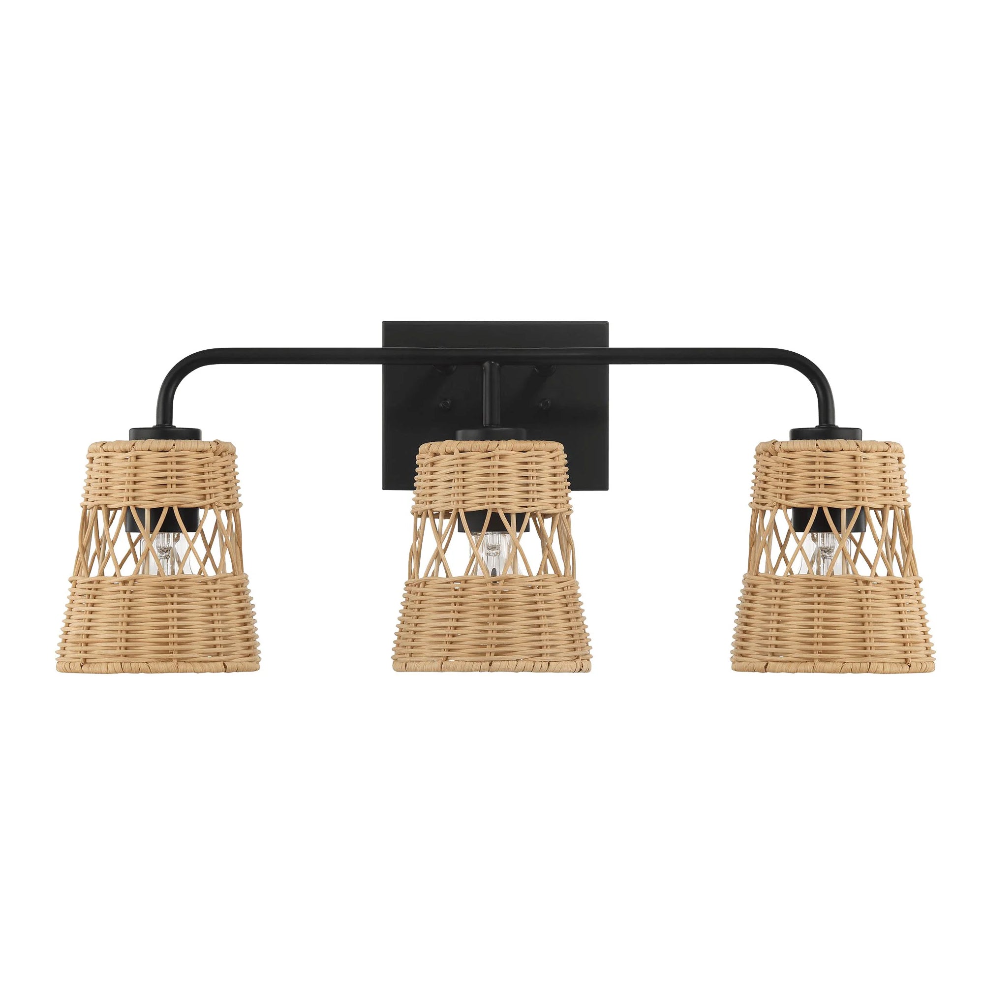 Stylish Three-Light Wall Sconce with Rattan Shade, Metal Finish, Bathroom Lighting Fixture Over Mirror, 6.5" L x 22.5" W x 9.5" H, Black