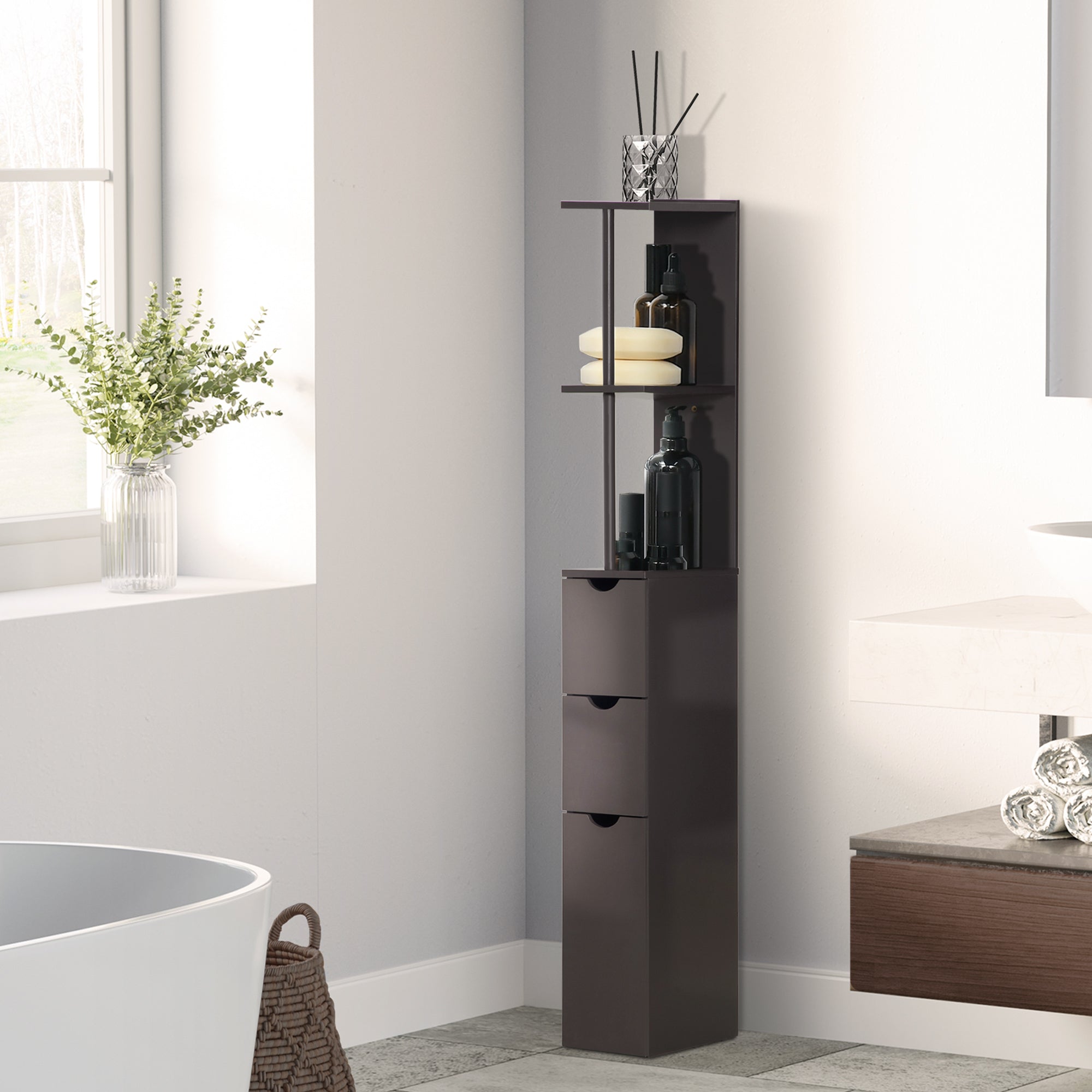 54" Tall Bathroom Storage Cabinet, Freestanding Linen Tower with 2-Tier Shelf and Drawers, Narrow Side Floor Organizer, Brown