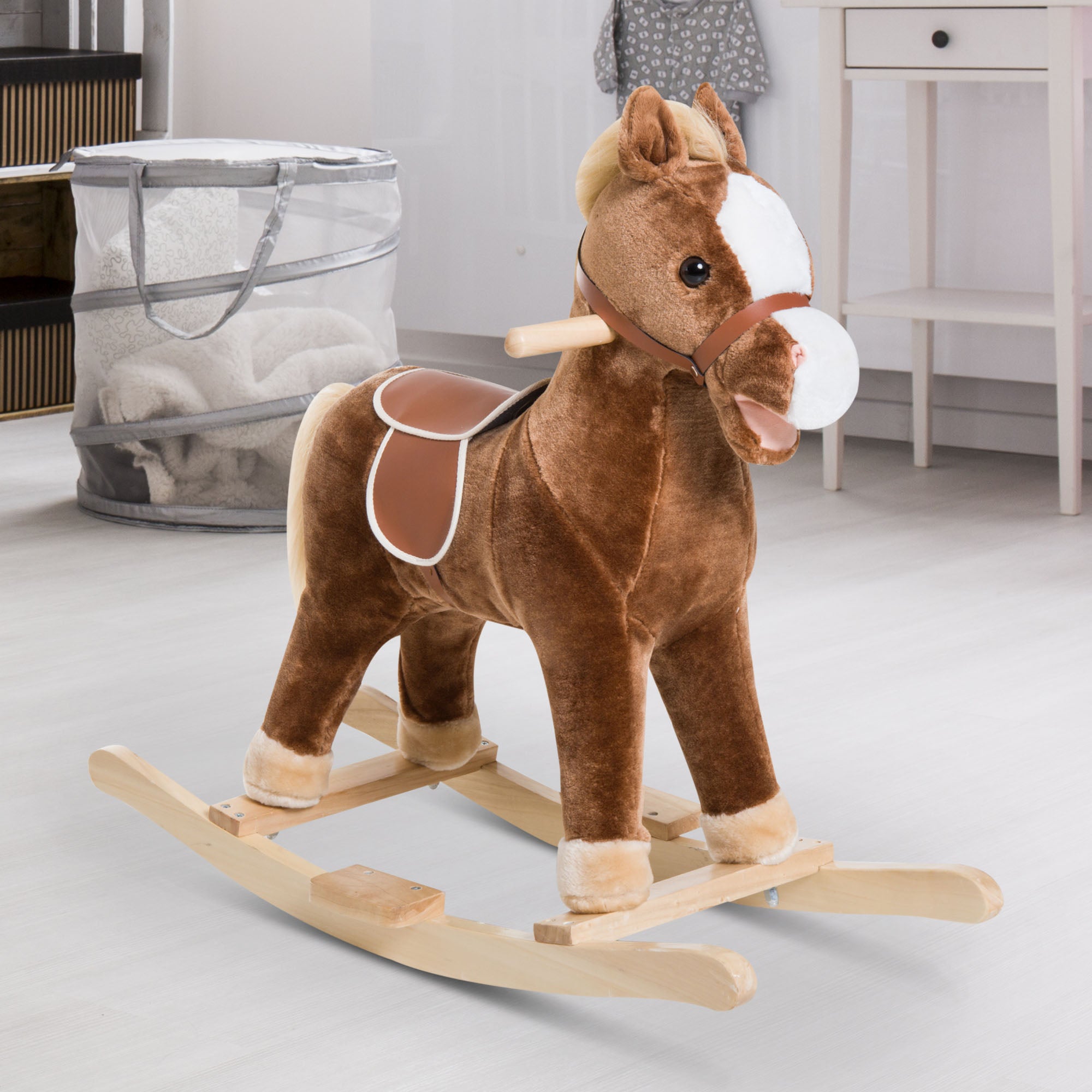 Kids Ride on Rocking Horse Toddler Plush Toy with Realistic Sounds for 3-6 Years Old Children - Brown