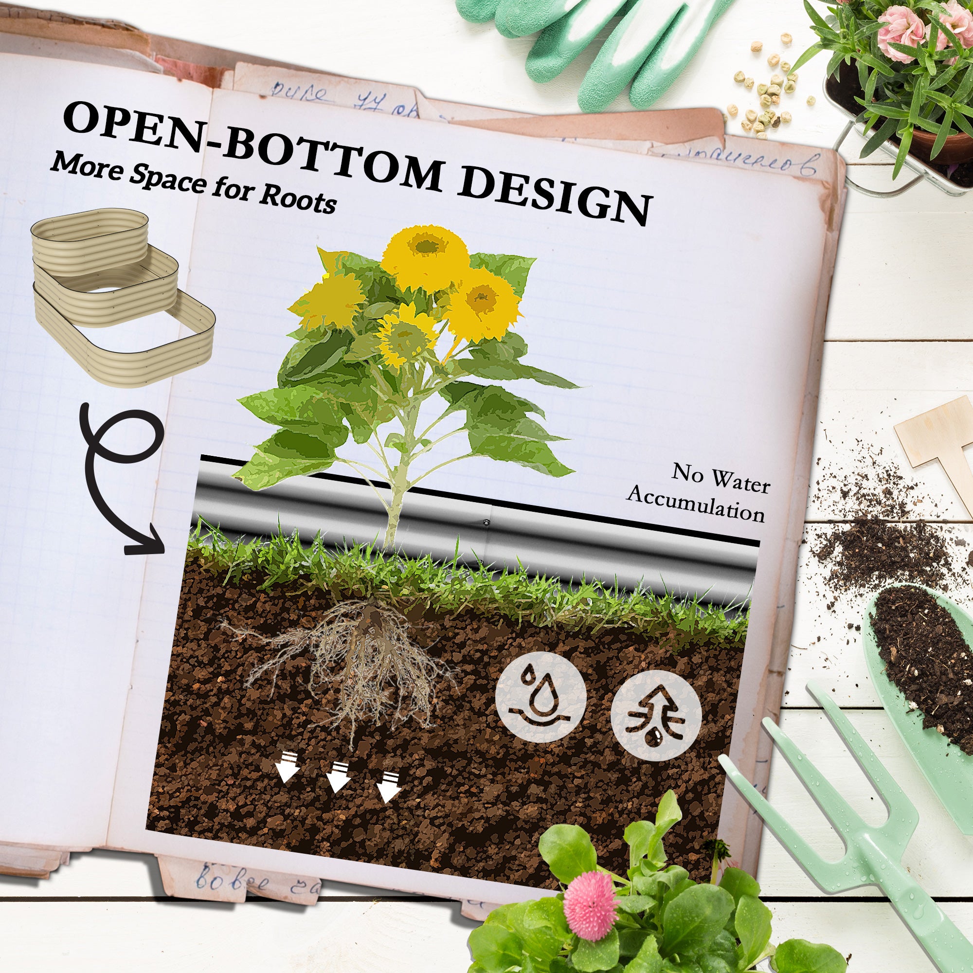 3-Tier Raised Garden Bed Set w/ Safety Edging, Open Bottom for Vegetables, Herbs, Flowers, 62.25" x 43" x 32.25", Cream