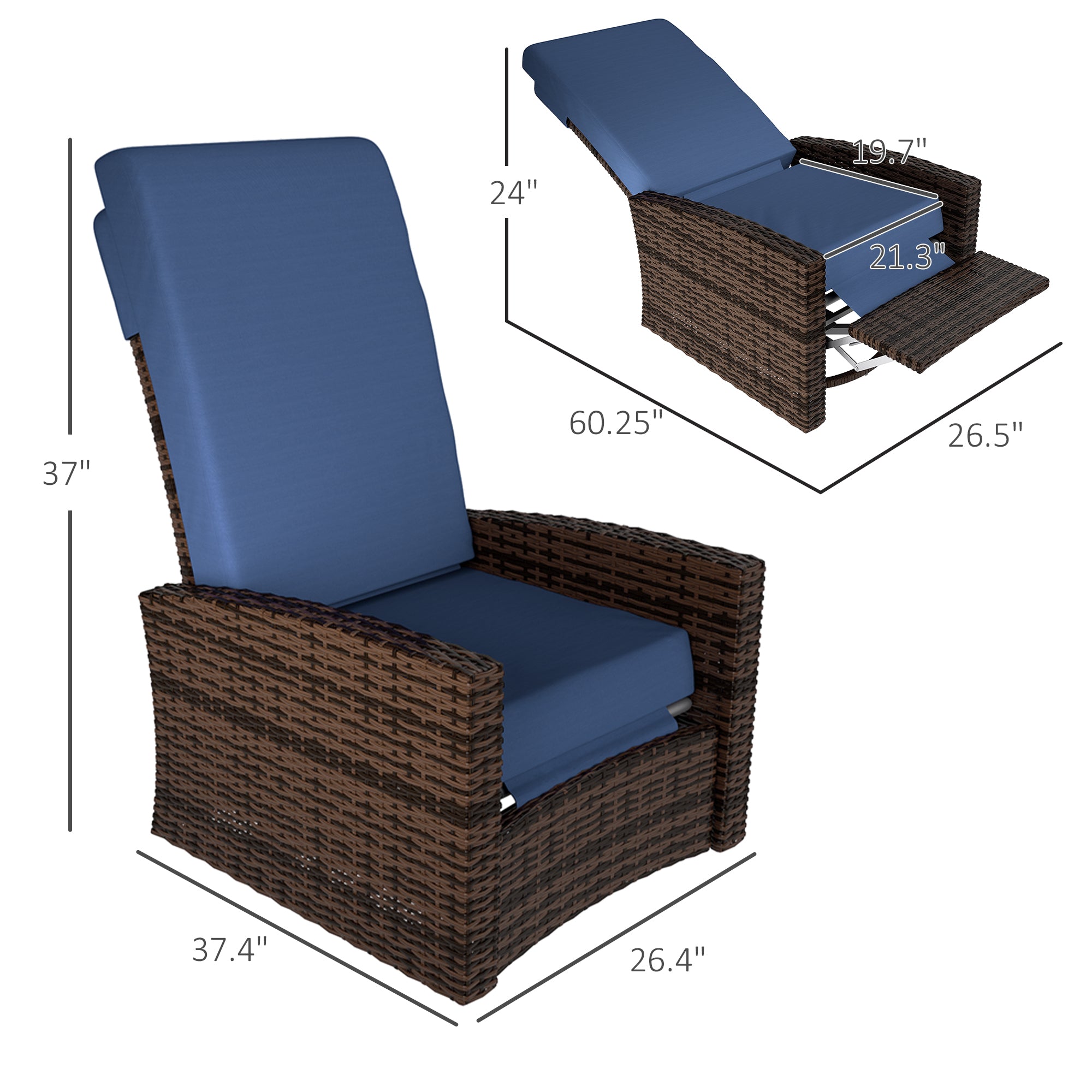 Outdoor Wicker Swivel Recliner Chair, Lifting Footrest, 360° Rotating Basic, Water-resistant Cushions, Dark Blue